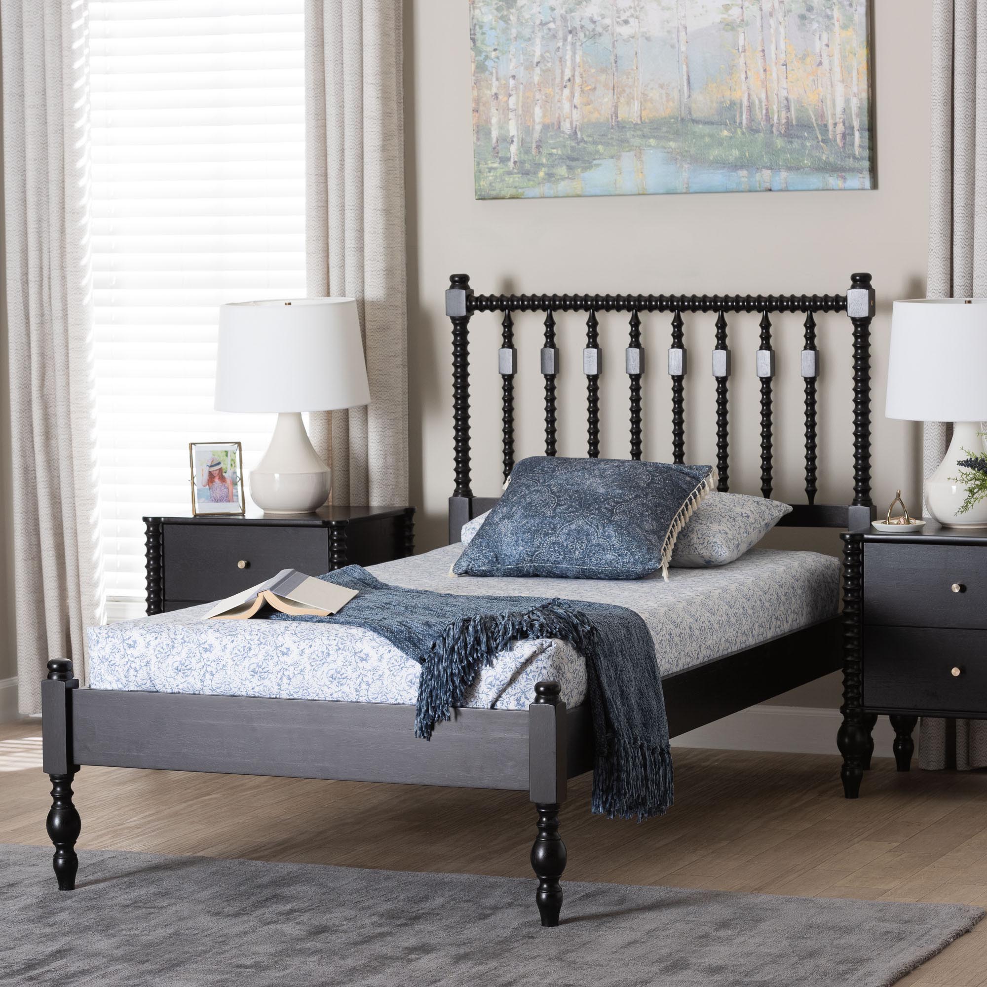 Baxton Studio Callison Spindle Platform Bed - Turned Farmhouse Bed Frame with Spoked Headboard and Sculpted Legs, Black, Twin