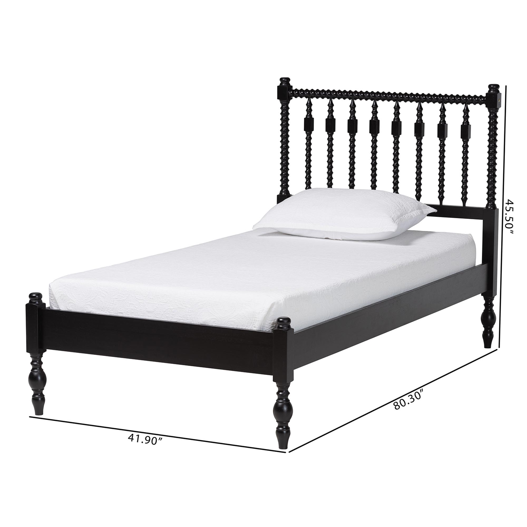 Baxton Studio Callison Spindle Platform Bed - Turned Farmhouse Bed Frame with Spoked Headboard and Sculpted Legs, Black, Twin