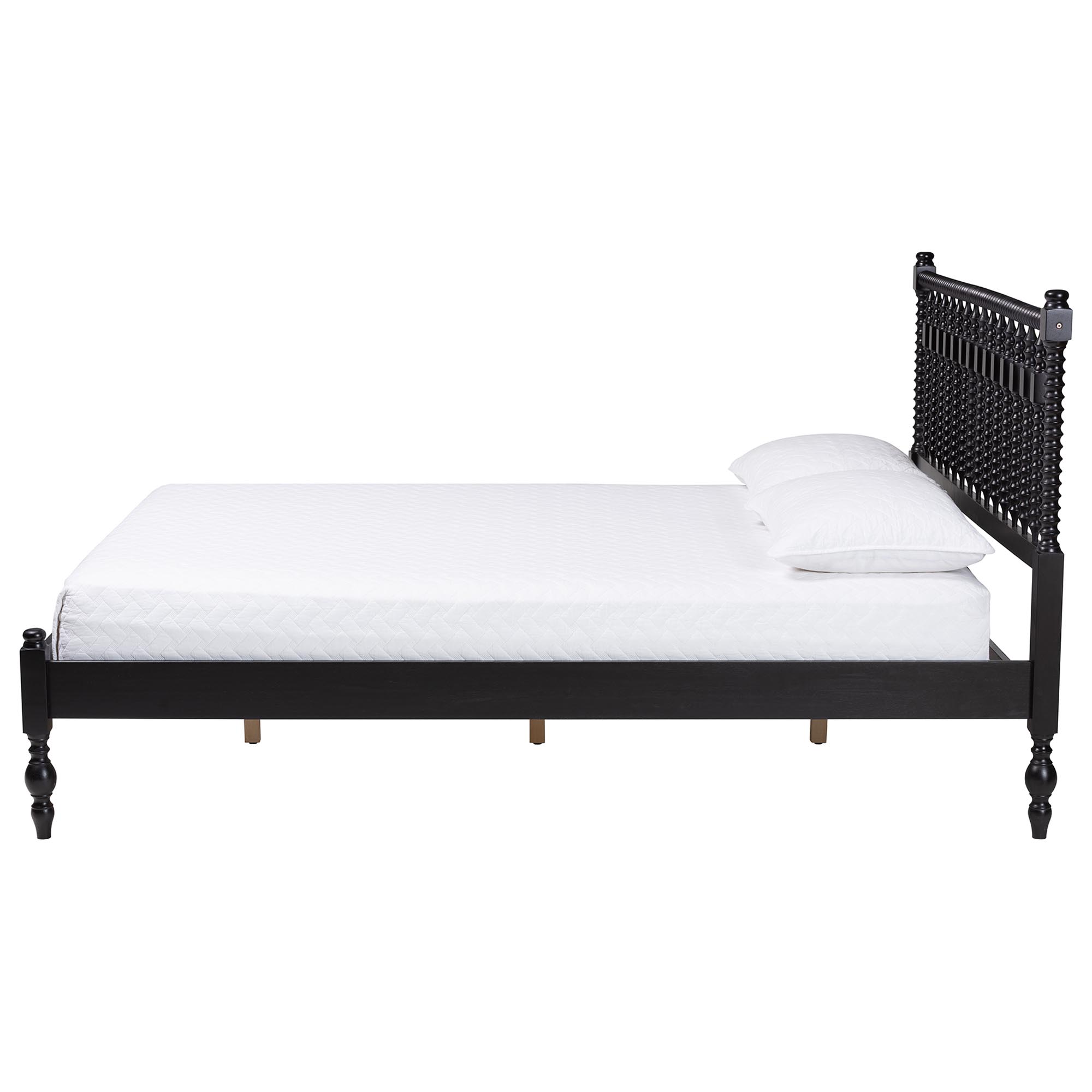Baxton Studio Callison Spindle Platform Bed - Turned Farmhouse Bed Frame with Spoked Headboard and Sculpted Legs, Black, Full