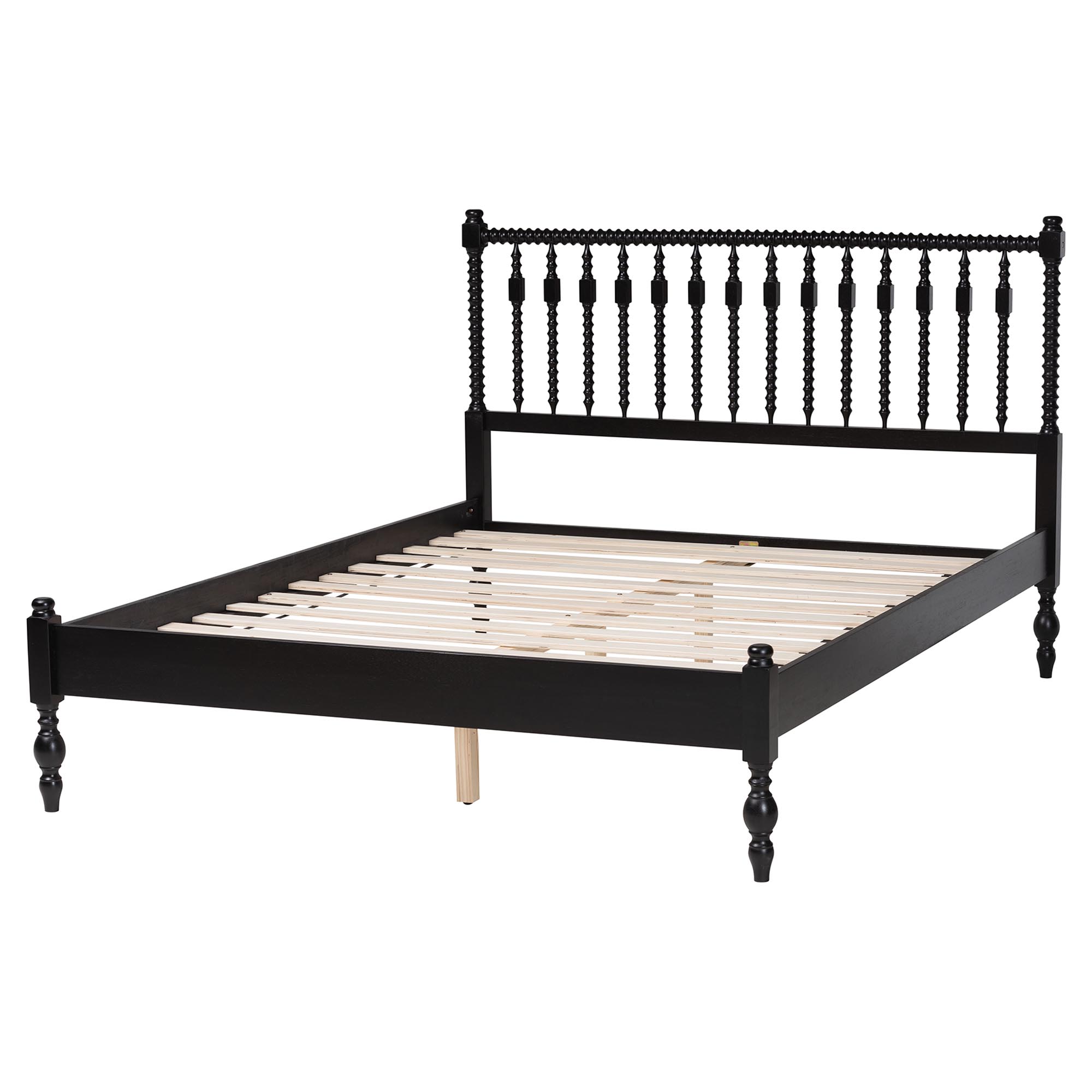 Baxton Studio Callison Spindle Platform Bed - Turned Farmhouse Bed Frame with Spoked Headboard and Sculpted Legs, Black, Full