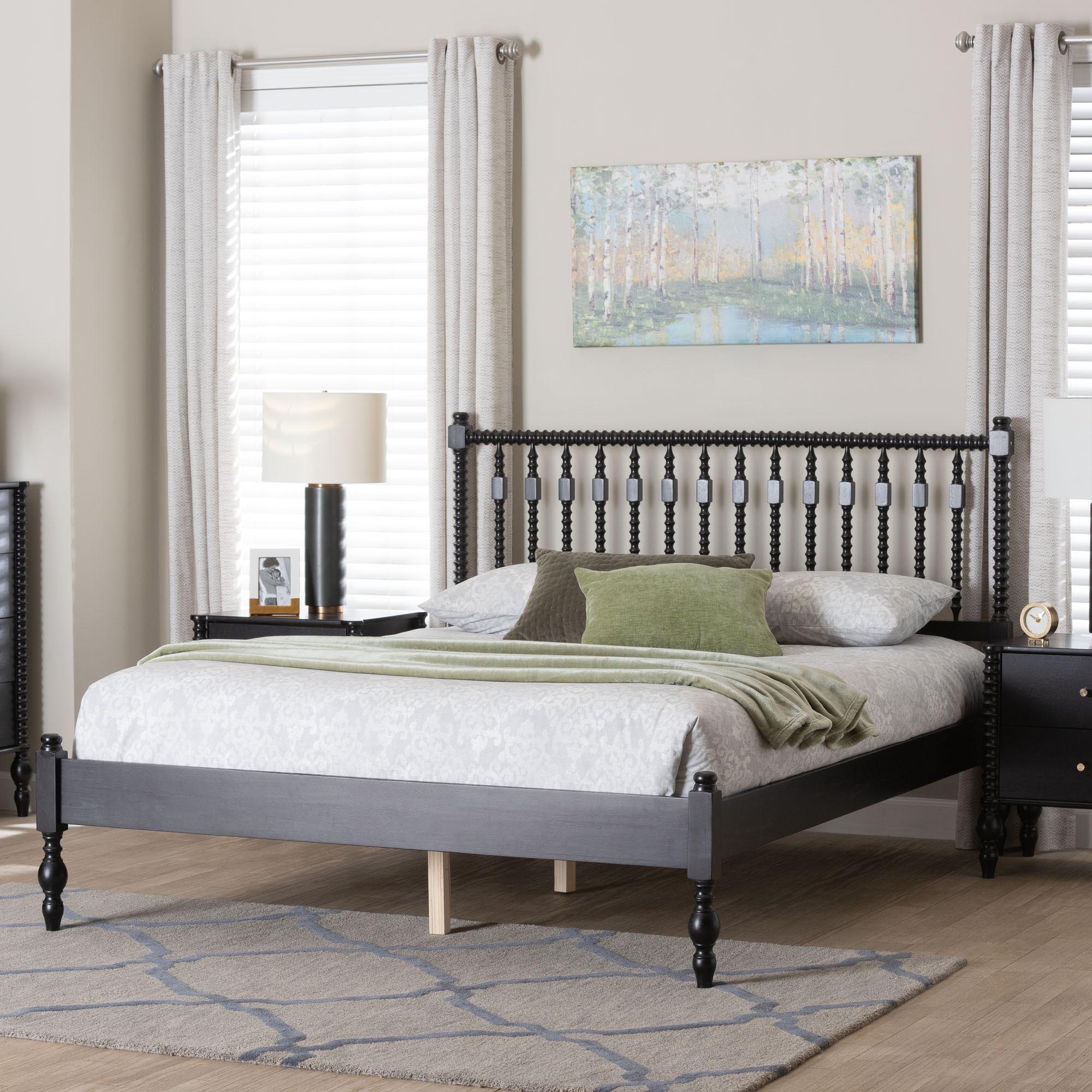 Baxton Studio Callison Spindle Platform Bed - Turned Farmhouse Bed Frame with Spoked Headboard and Sculpted Legs, Black, Queen