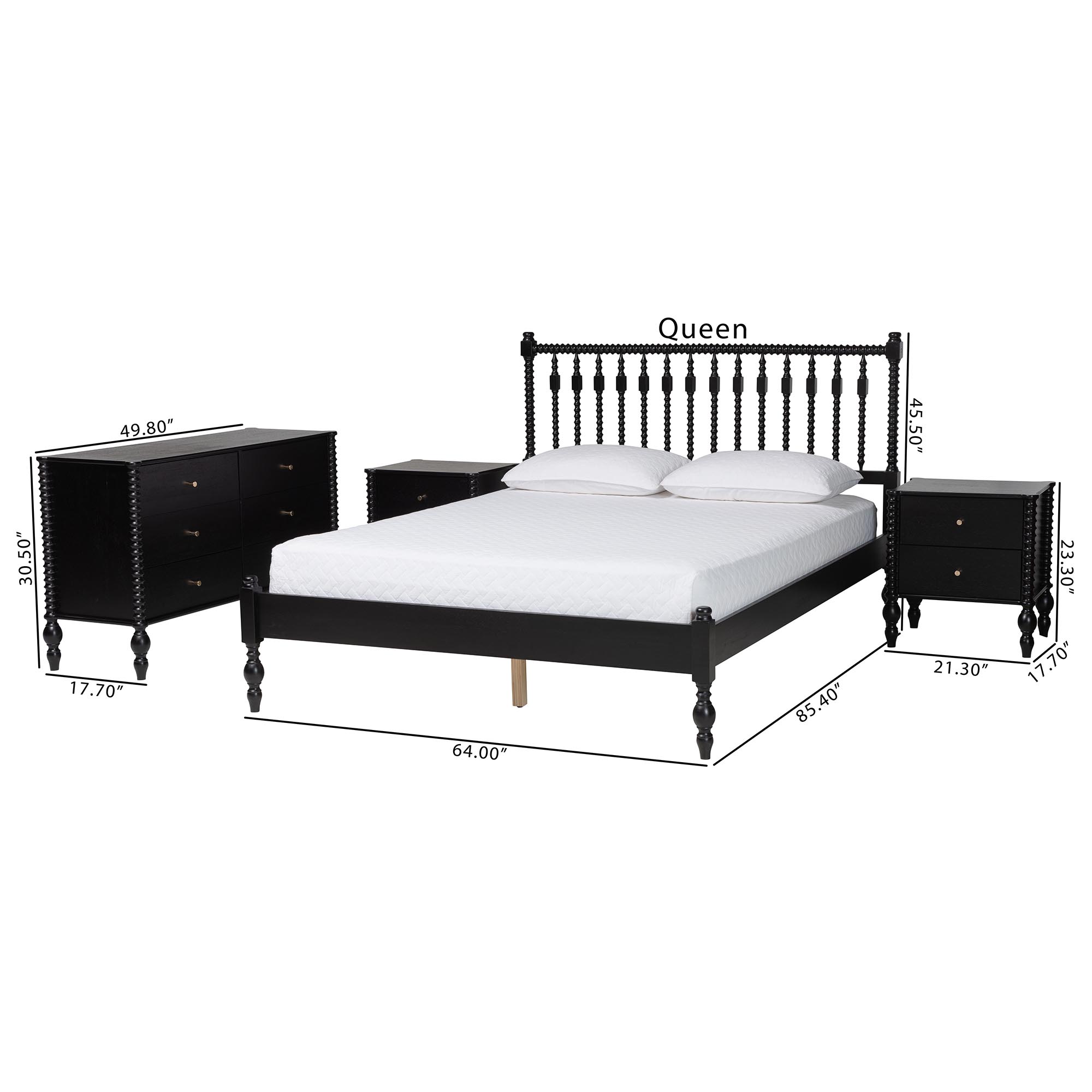 Baxton Studio Callison Spindle 4-Piece Bedroom Set - Farmhouse Platform Bed with Matching Dresser and 2-Drawer Nightstands, Black, Queen