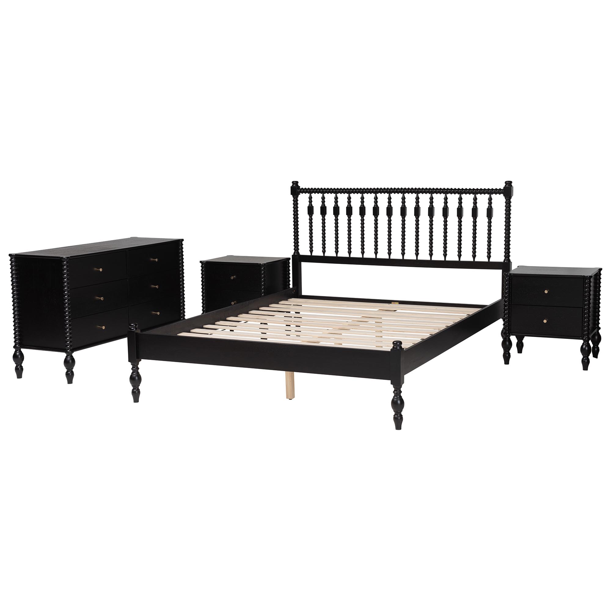 Baxton Studio Callison Spindle 4-Piece Bedroom Set - Farmhouse Platform Bed with Matching Dresser and 2-Drawer Nightstands, Black, Queen