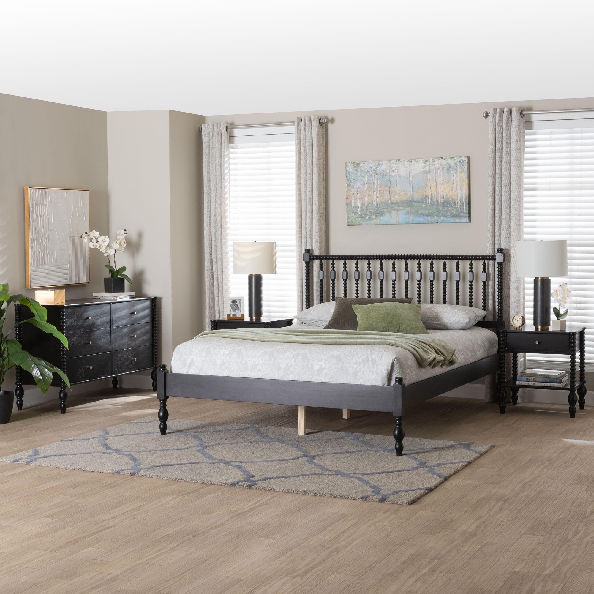Baxton Studio Denita Spindle 4-Piece Bedroom Set - Farmhouse Platform Bed with Matching Dresser and 1-Drawer Nightstands, Black, Full