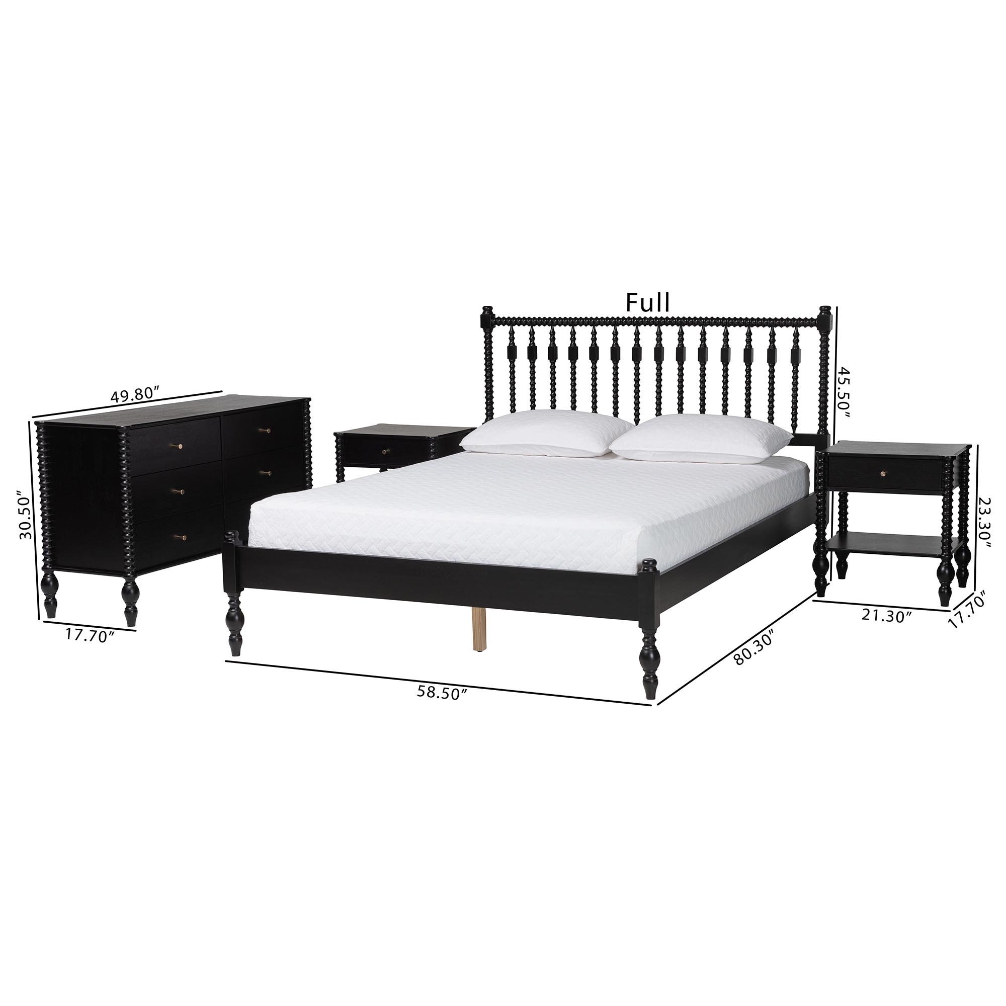 Baxton Studio Denita Spindle 4-Piece Bedroom Set - Farmhouse Platform Bed with Matching Dresser and 1-Drawer Nightstands, Black, Full