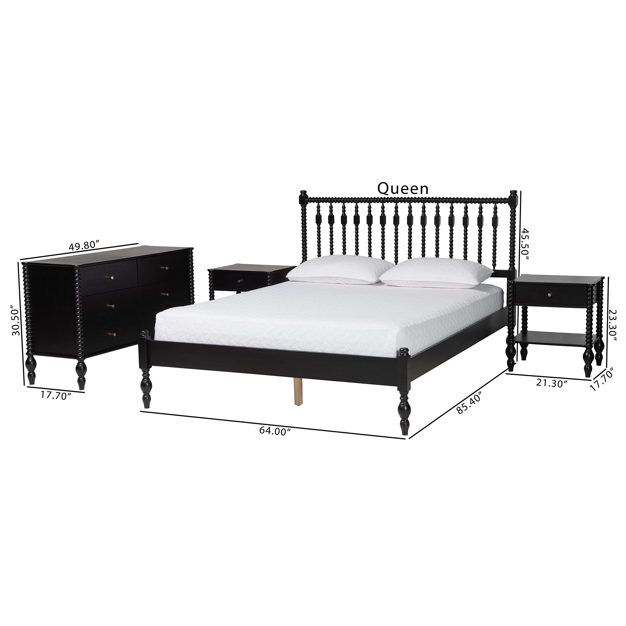 Baxton Studio Denita Spindle 4-Piece Bedroom Set - Farmhouse Platform Bed with Matching Dresser and 1-Drawer Nightstands, Black, Full