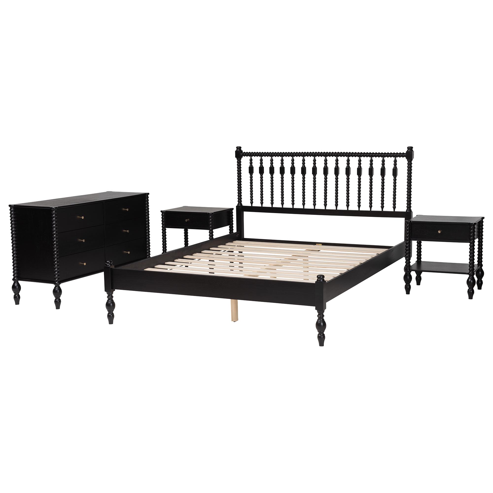 Baxton Studio Denita Spindle 4-Piece Bedroom Set - Farmhouse Platform Bed with Matching Dresser and 1-Drawer Nightstands, Black, Full