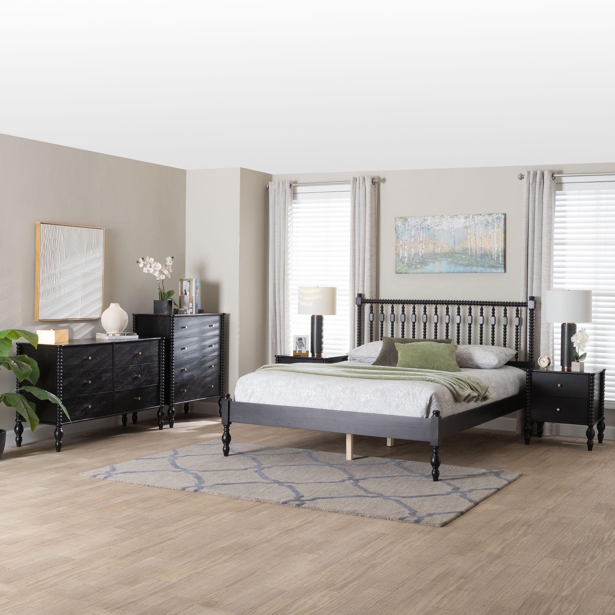 Baxton Studio Callison Spindle 5-Piece Bedroom Set - Farmhouse Platform Bed with Matching Dresser, Chest, and 2-Drawer Nightstands, Black, Queen