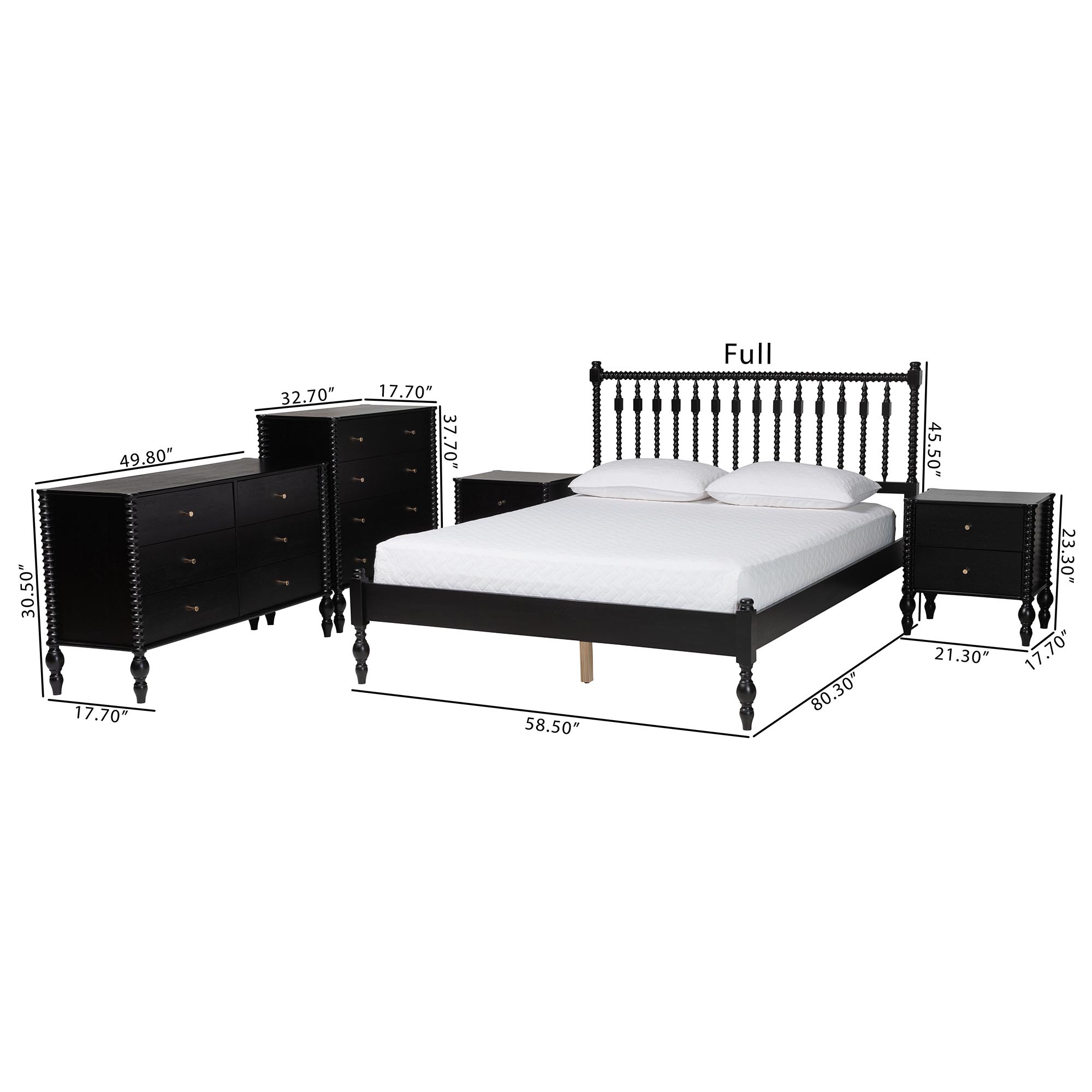 Baxton Studio Callison Spindle 5-Piece Bedroom Set - Farmhouse Platform Bed with Matching Dresser, Chest, and 2-Drawer Nightstands, Black, Queen