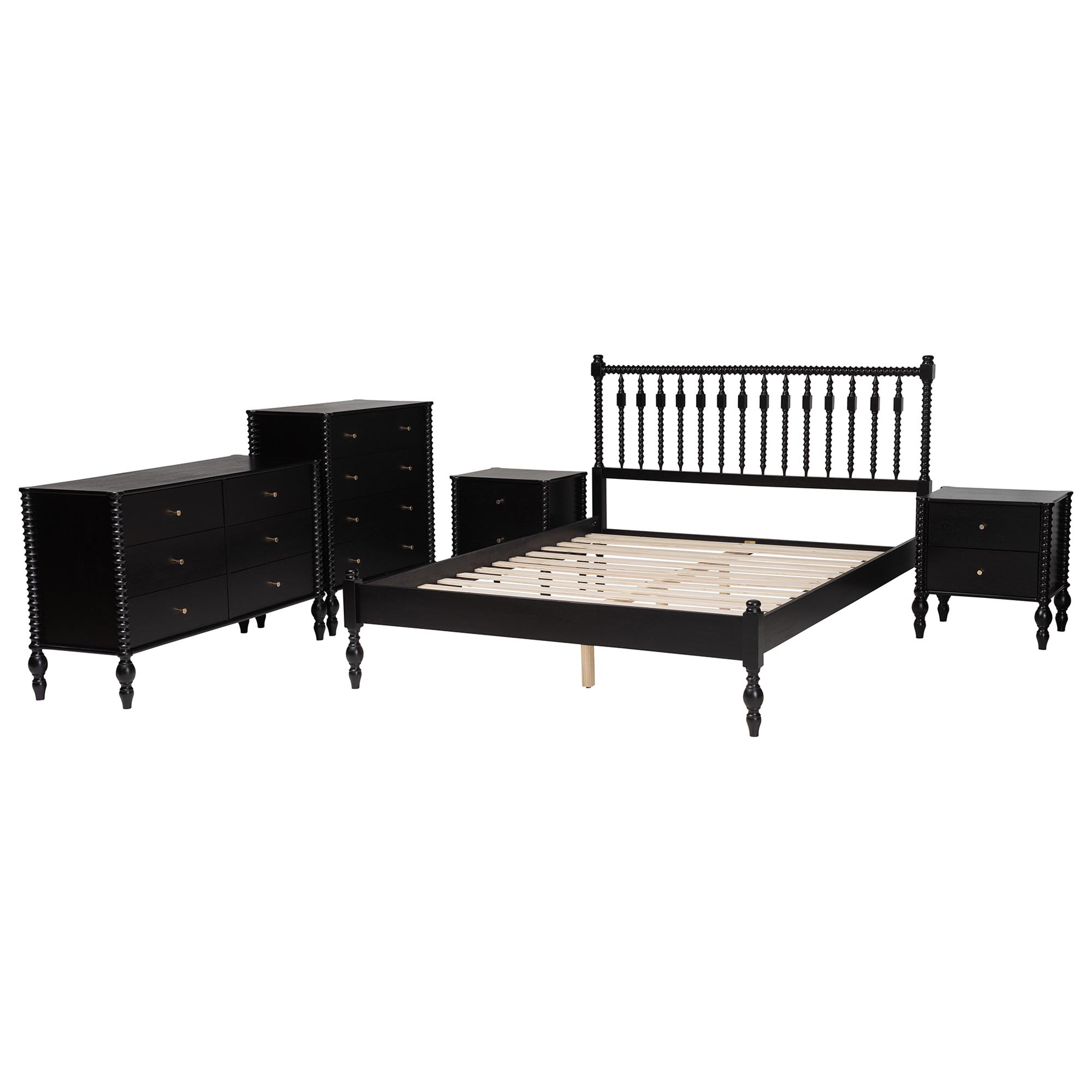 Baxton Studio Callison Spindle 5-Piece Bedroom Set - Farmhouse Platform Bed with Matching Dresser, Chest, and 2-Drawer Nightstands, Black, Queen