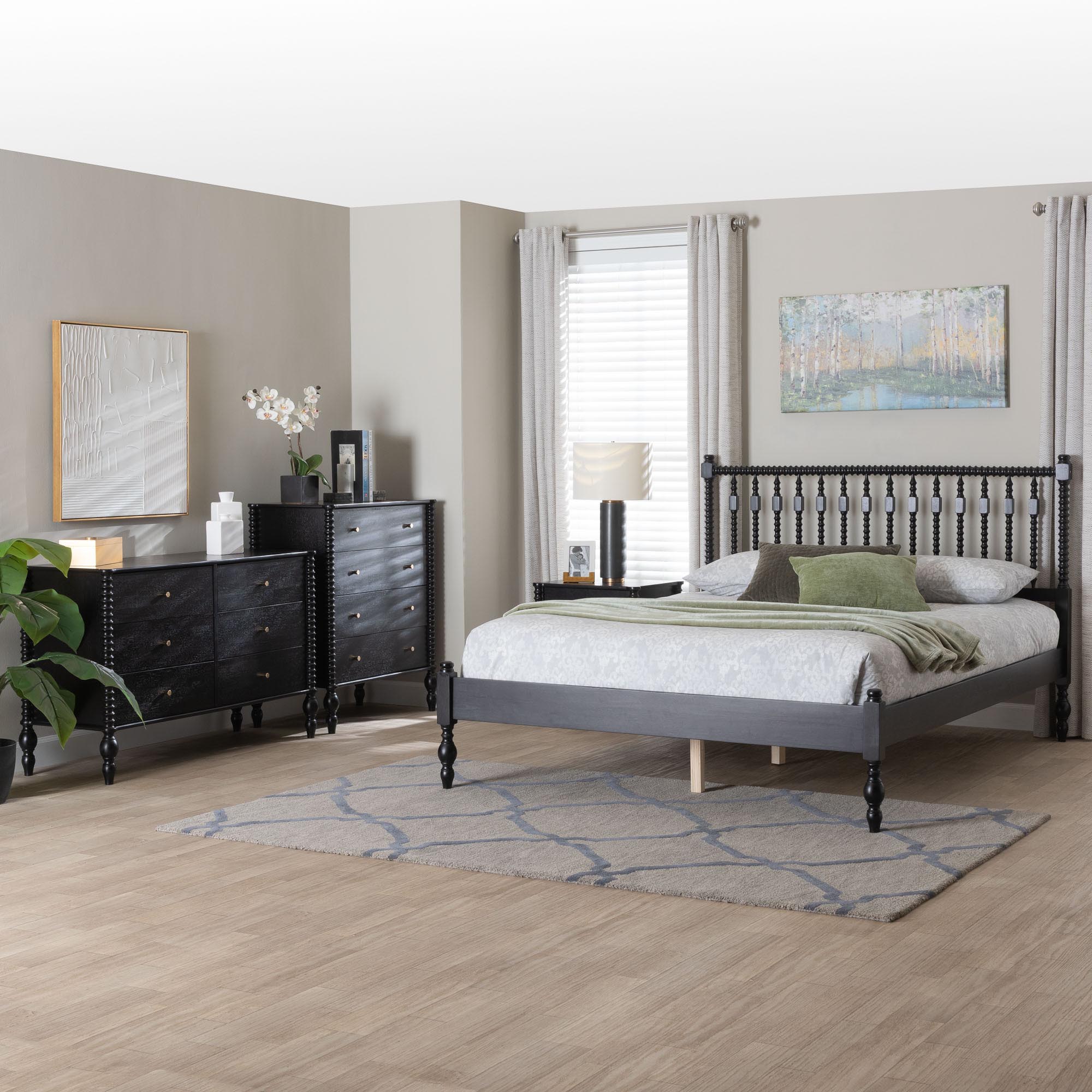 Baxton Studio Denita Spindle 4-Piece Bedroom Set - Farmhouse Platform Bed with Matching Dresser, Chest, and 1-Drawer Nightstand, Black, Queen