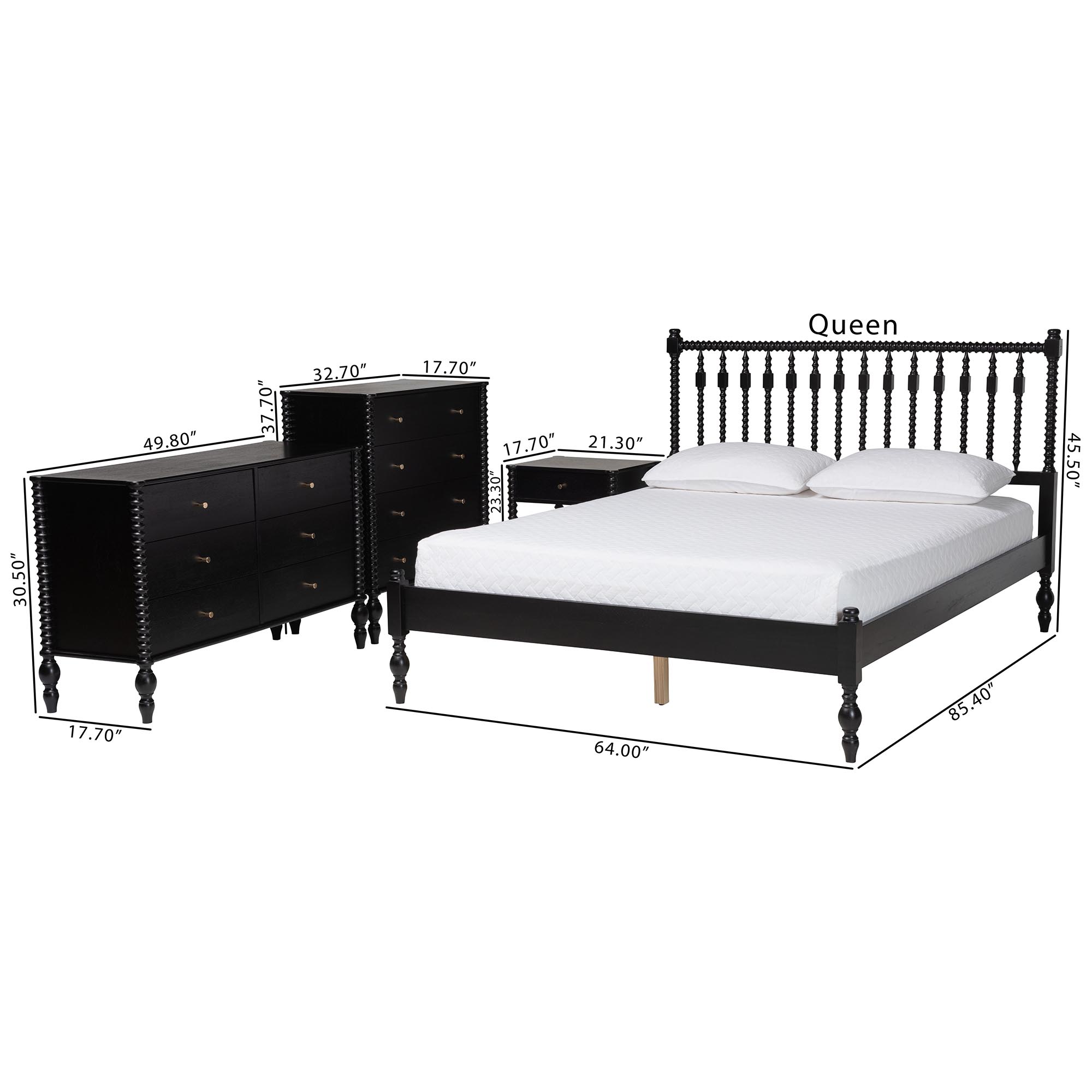 Baxton Studio Denita Spindle 4-Piece Bedroom Set - Farmhouse Platform Bed with Matching Dresser, Chest, and 1-Drawer Nightstand, Black, Full