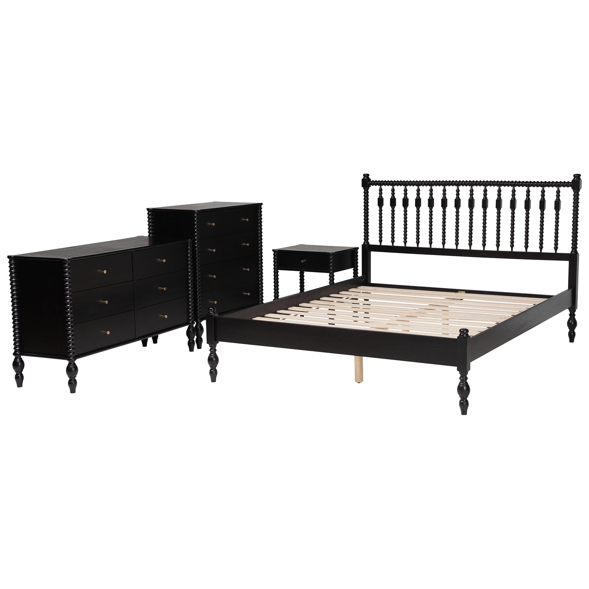 Baxton Studio Denita Spindle 4-Piece Bedroom Set - Farmhouse Platform Bed with Matching Dresser, Chest, and 1-Drawer Nightstand, Black, Queen