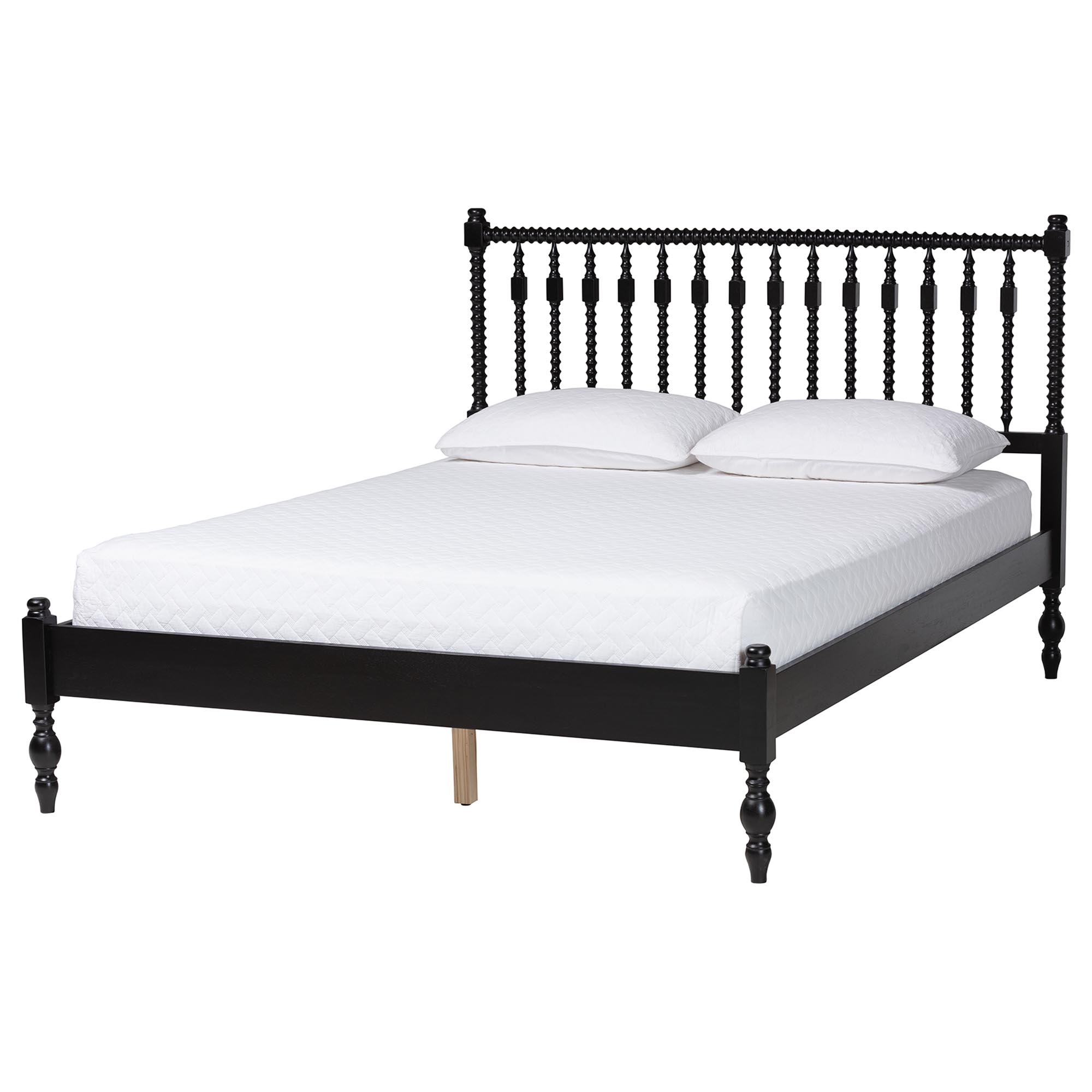 Baxton Studio Denita Spindle 4-Piece Bedroom Set - Farmhouse Platform Bed with Matching Dresser, Chest, and 1-Drawer Nightstand, Black, Queen