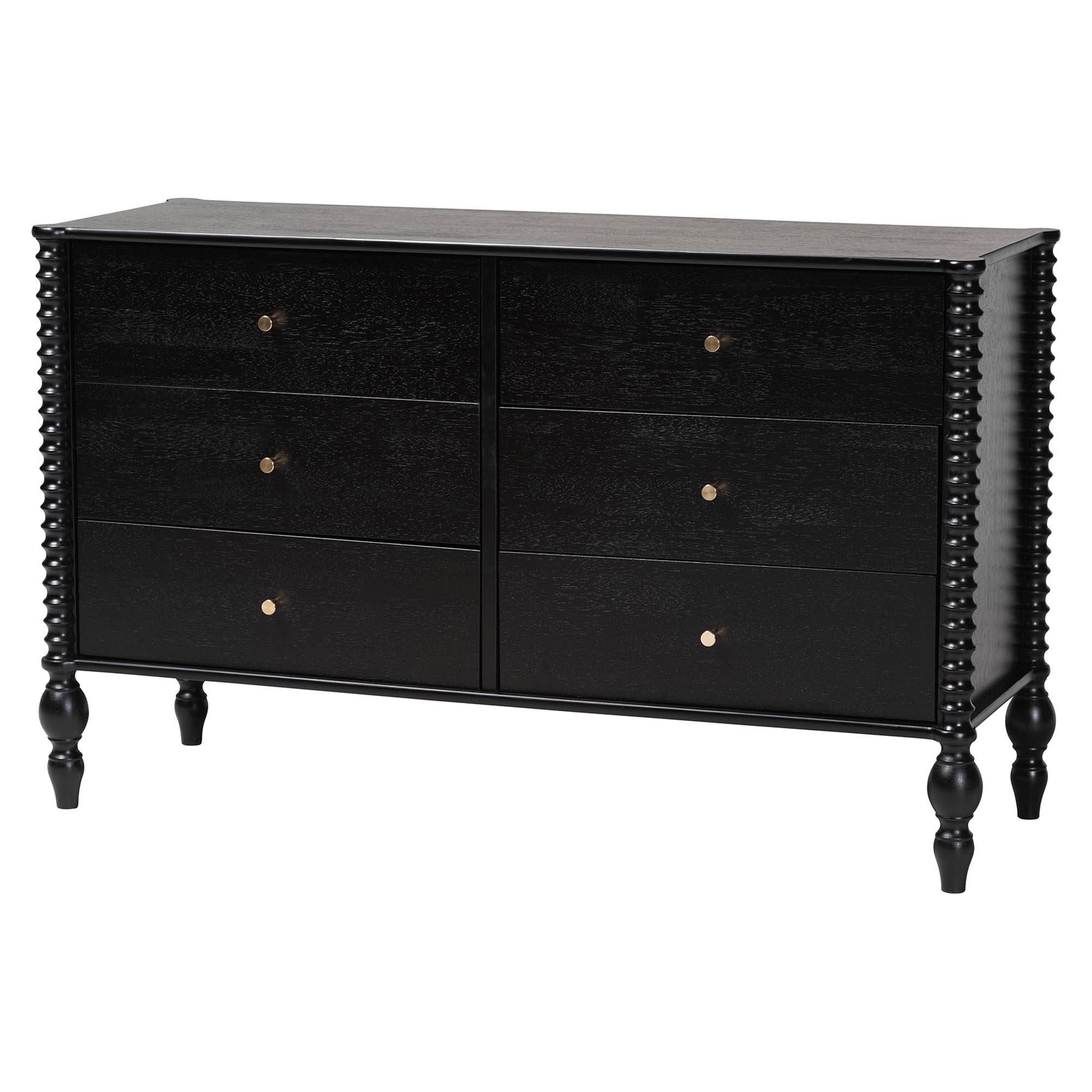 Baxton Studio Denita Spindle 4-Piece Bedroom Set - Farmhouse Platform Bed with Matching Dresser, Chest, and 1-Drawer Nightstand, Black, Queen