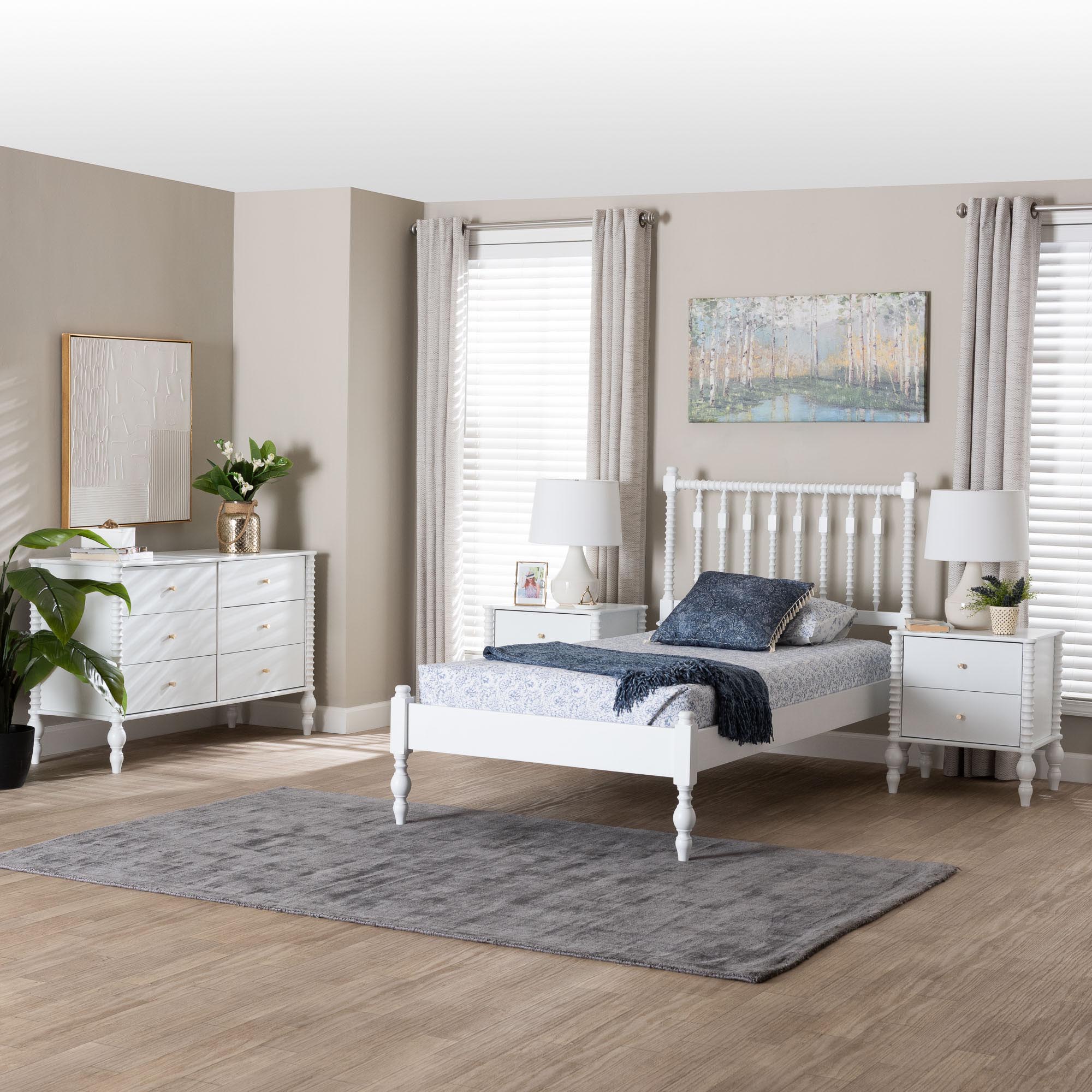 Baxton Studio Callison Spindle 4-Piece Bedroom Set - Farmhouse Platform Bed with Matching Dresser and 2-Drawer Nightstands, White, Twin