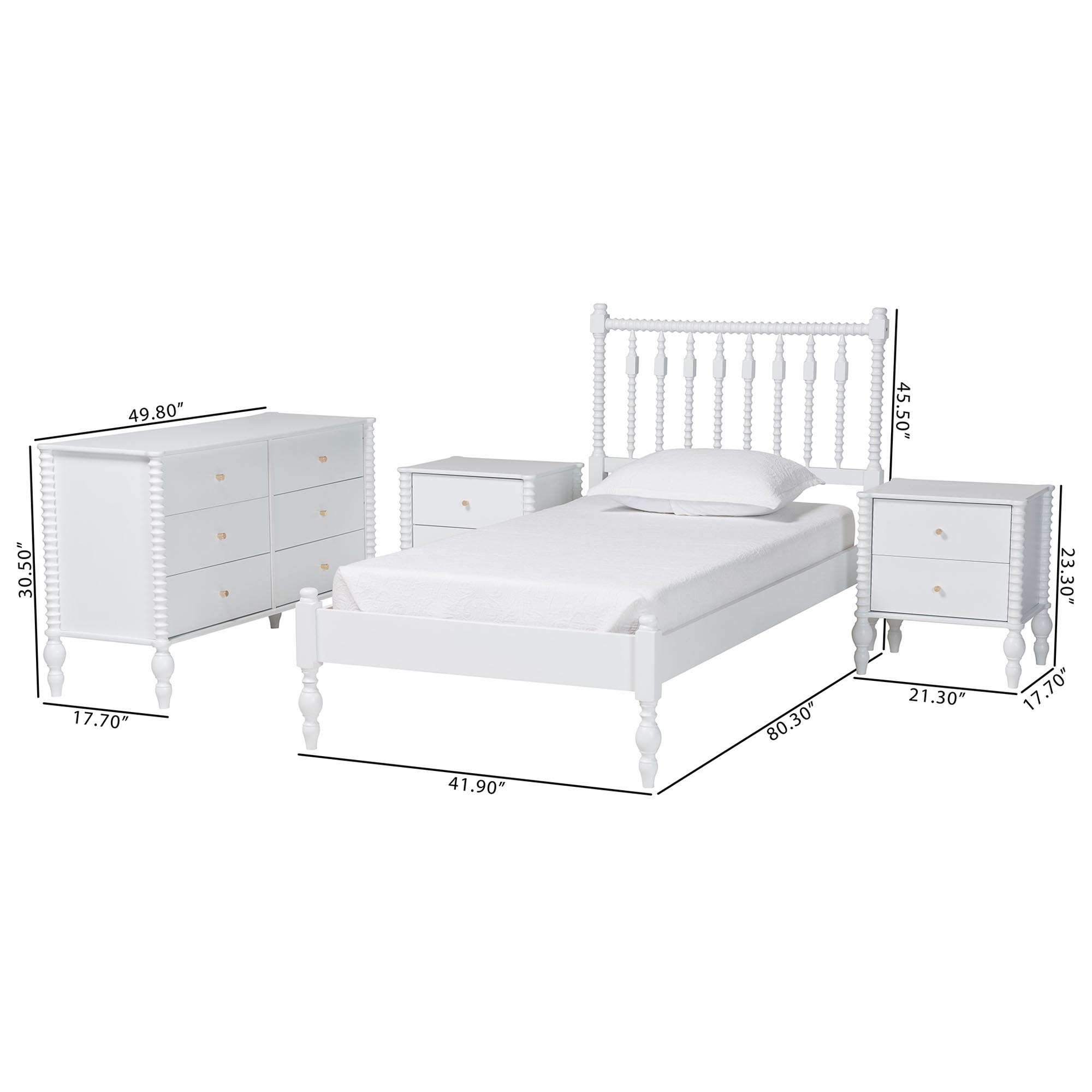 Baxton Studio Callison Spindle 4-Piece Bedroom Set - Farmhouse Platform Bed with Matching Dresser and 2-Drawer Nightstands, White, Twin