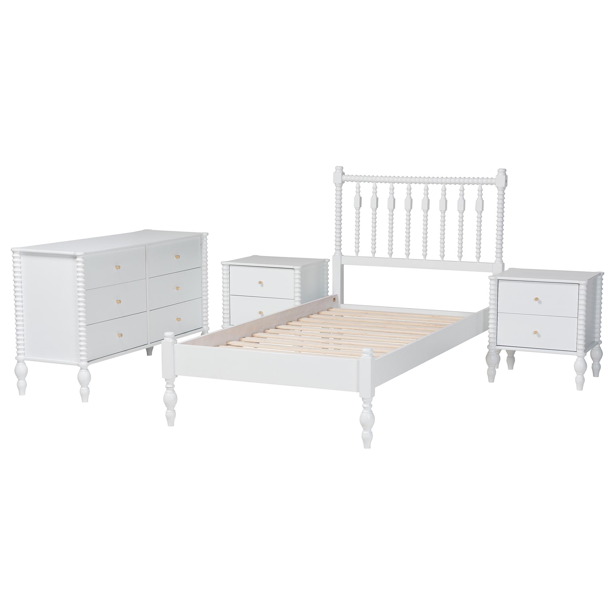 Baxton Studio Callison Spindle 4-Piece Bedroom Set - Farmhouse Platform Bed with Matching Dresser and 2-Drawer Nightstands, White, Twin