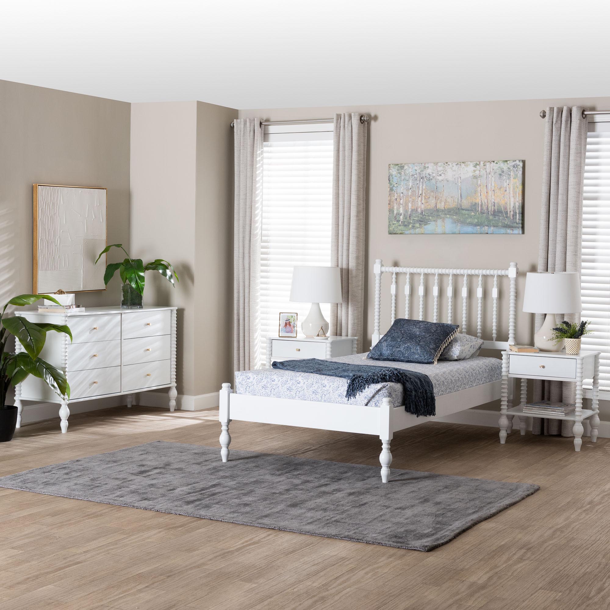 Baxton Studio Denita Spindle 4-Piece Bedroom Set - Farmhouse Platform Bed with Matching Dresser and 1-Drawer Nightstands, White, Twin