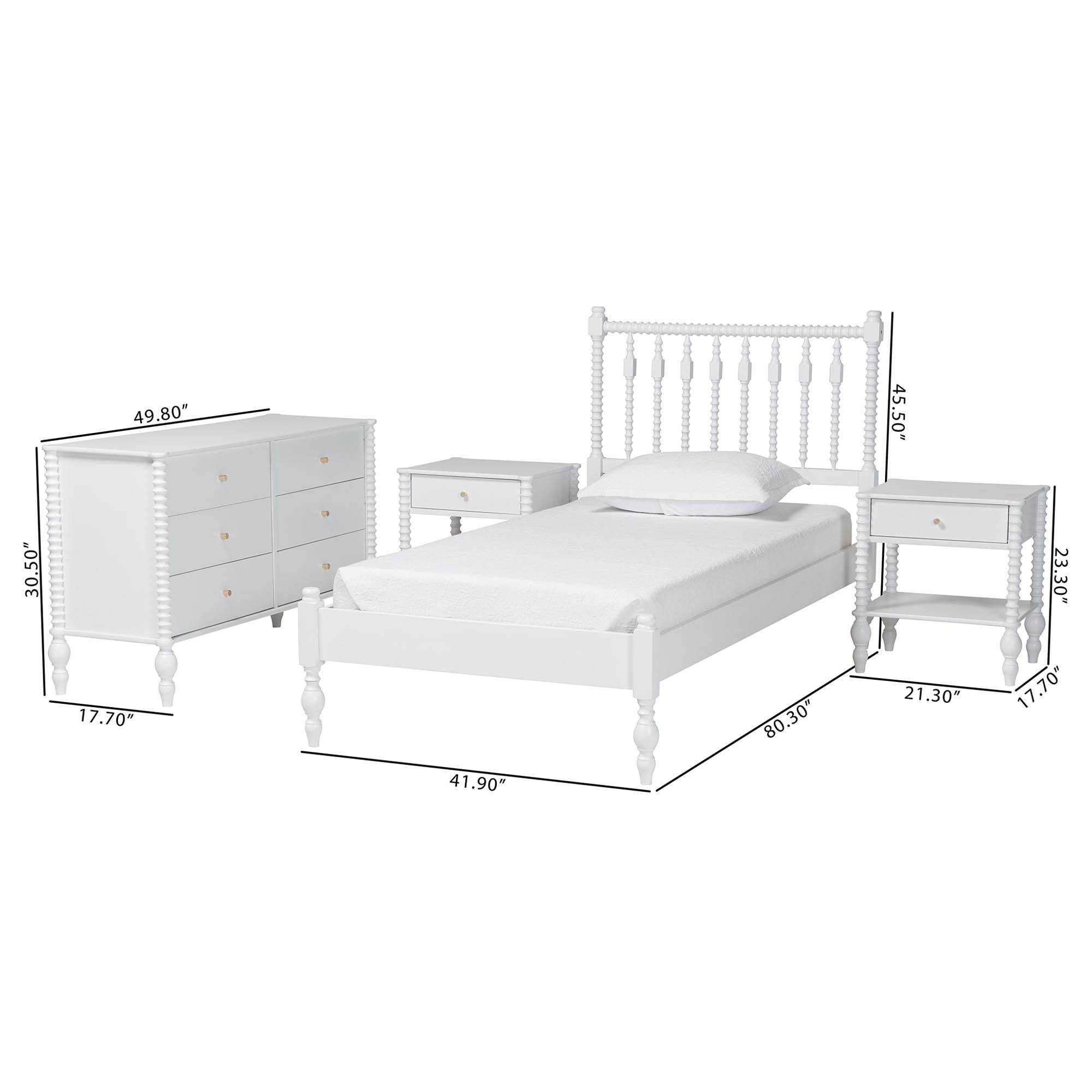 Baxton Studio Denita Spindle 4-Piece Bedroom Set - Farmhouse Platform Bed with Matching Dresser and 1-Drawer Nightstands, White, Twin