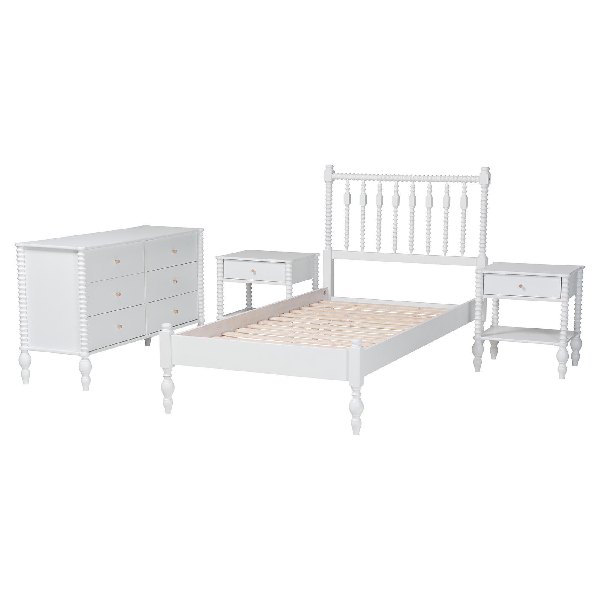 Baxton Studio Denita Spindle 4-Piece Bedroom Set - Farmhouse Platform Bed with Matching Dresser and 1-Drawer Nightstands, White, Twin