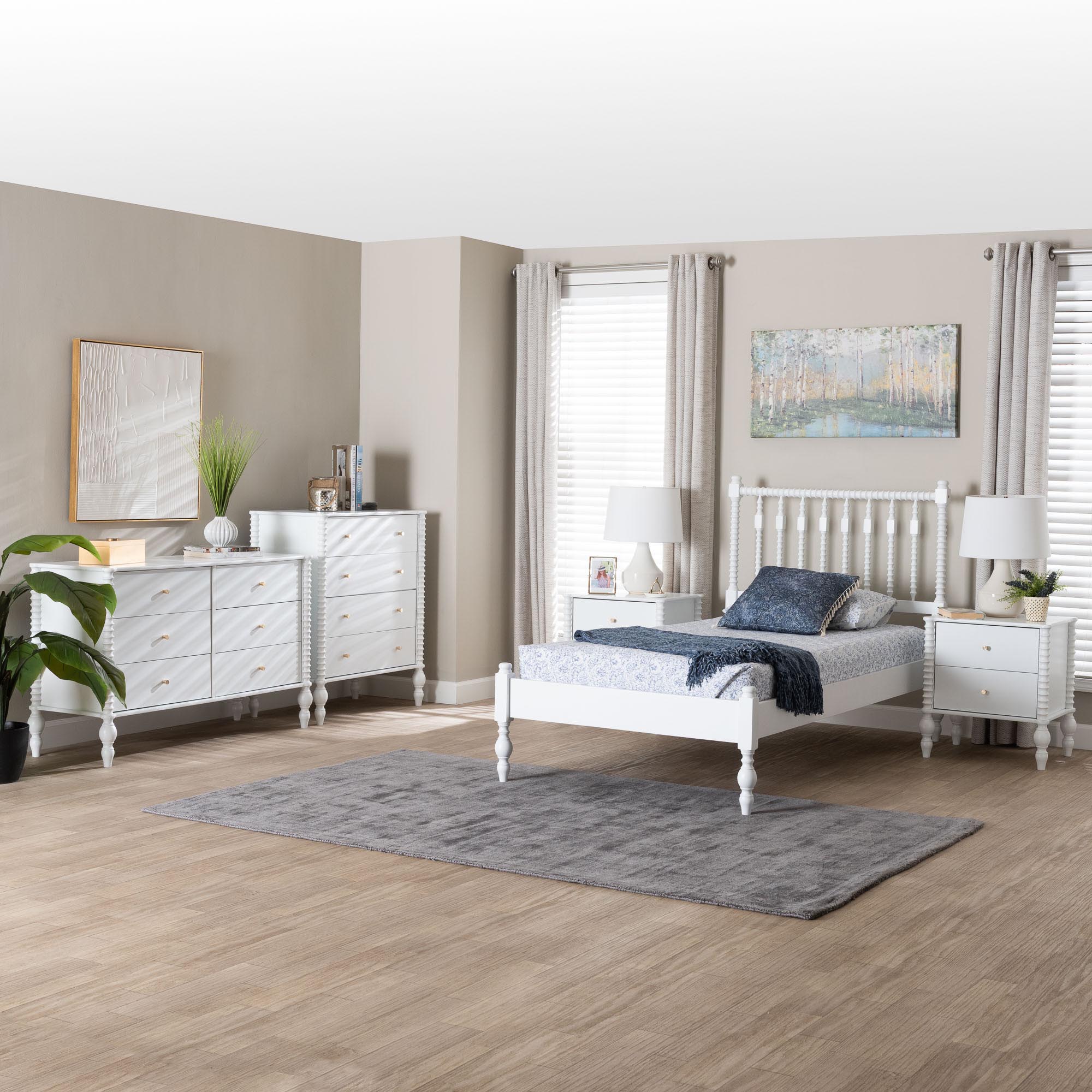 Baxton Studio Callison Spindle 5-Piece Bedroom Set - Farmhouse Platform Bed with Matching Dresser, Chest, and 2-Drawer Nightstands, White, Twin