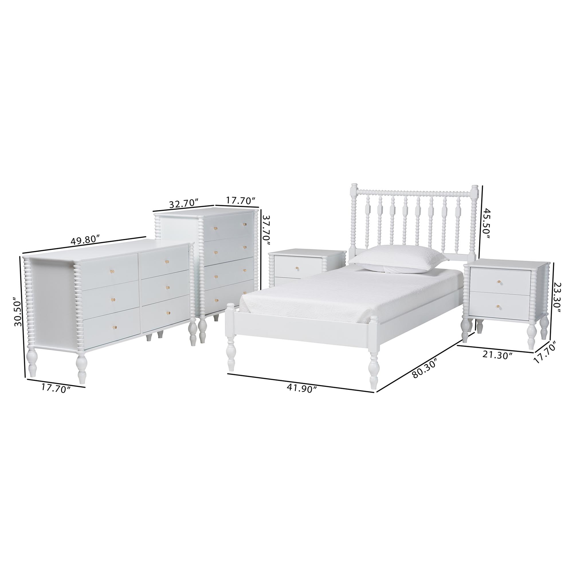 Baxton Studio Callison Spindle 5-Piece Bedroom Set - Farmhouse Platform Bed with Matching Dresser, Chest, and 2-Drawer Nightstands, White, Twin