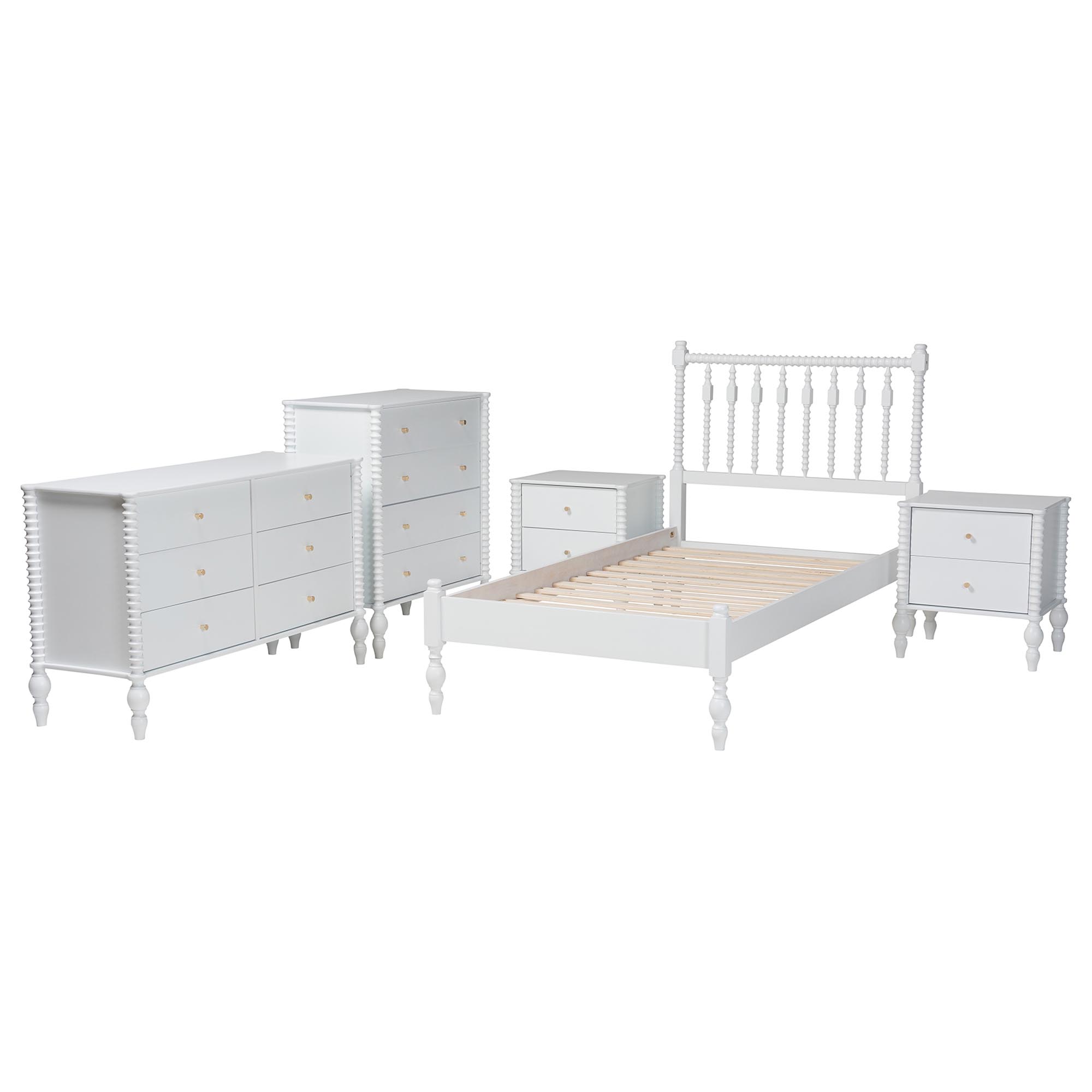 Baxton Studio Callison Spindle 5-Piece Bedroom Set - Farmhouse Platform Bed with Matching Dresser, Chest, and 2-Drawer Nightstands, White, Twin