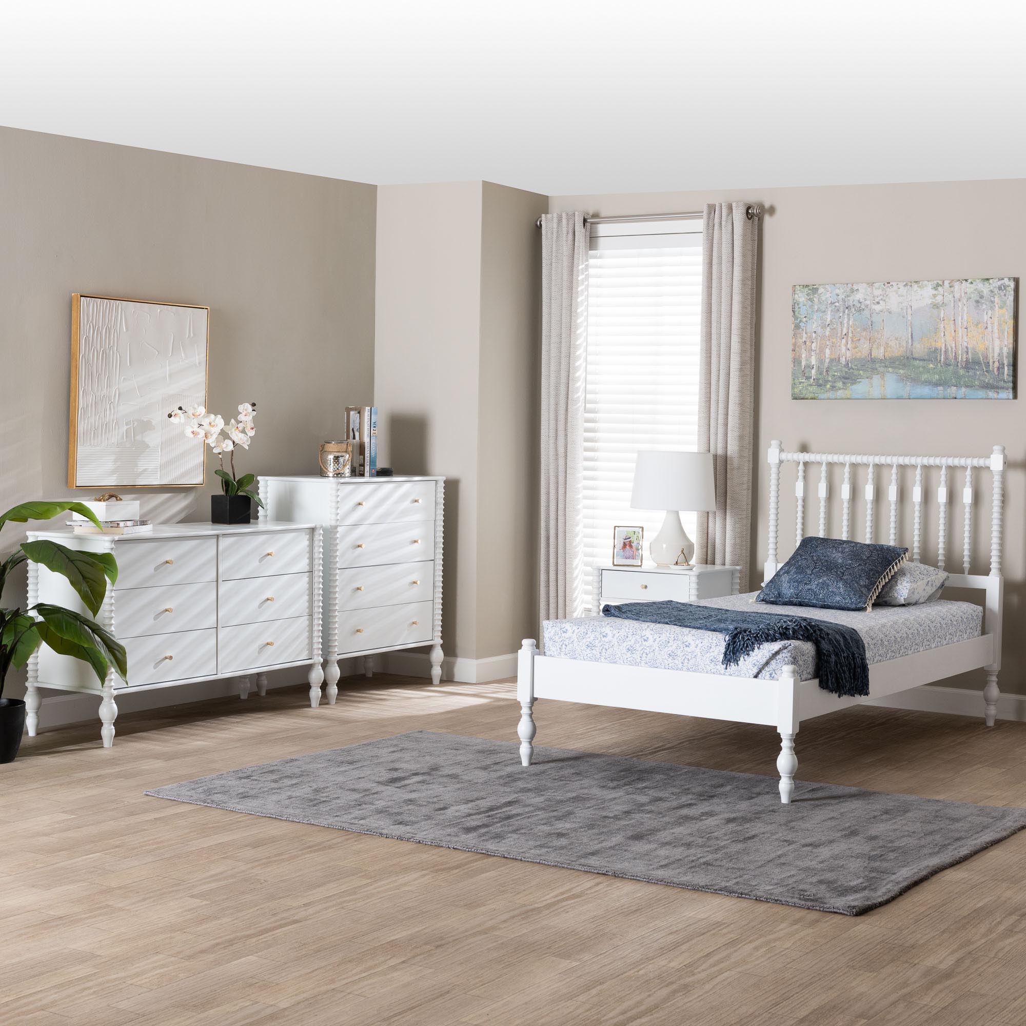 Baxton Studio Denita Spindle 4-Piece Bedroom Set - Farmhouse Platform Bed with Matching Dresser, Chest, and 1-Drawer Nightstand, White, Twin