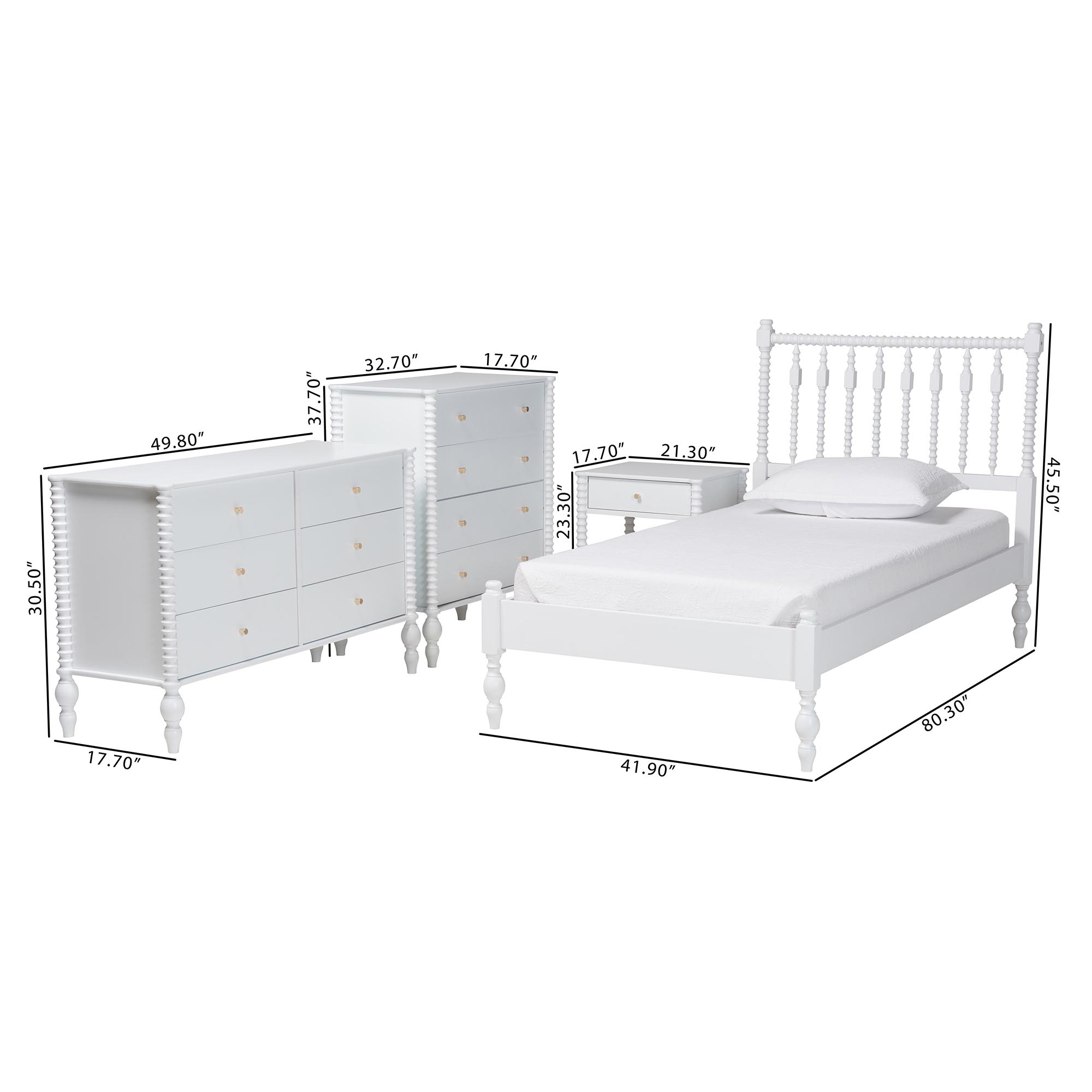 Baxton Studio Denita Spindle 4-Piece Bedroom Set - Farmhouse Platform Bed with Matching Dresser, Chest, and 1-Drawer Nightstand, White, Twin
