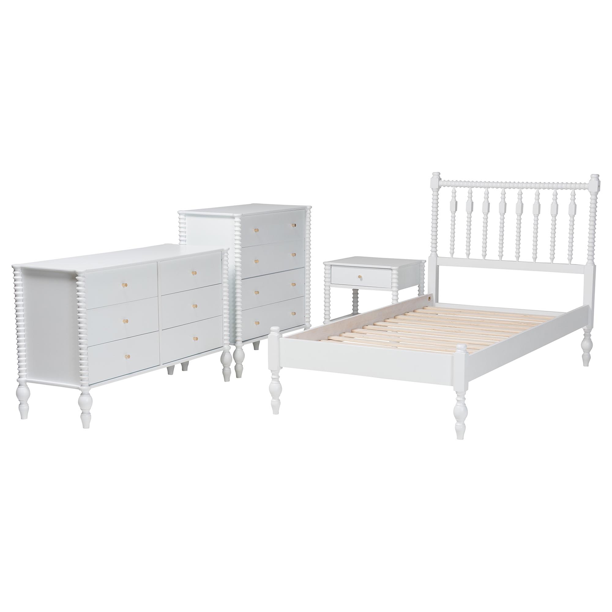 Baxton Studio Denita Spindle 4-Piece Bedroom Set - Farmhouse Platform Bed with Matching Dresser, Chest, and 1-Drawer Nightstand, White, Twin