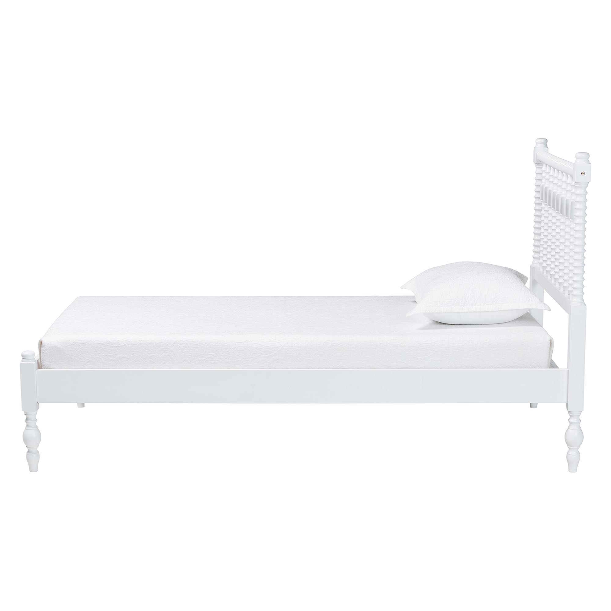 Baxton Studio Callison Spindle Platform Bed - Turned Farmhouse Bed Frame with Spoked Headboard and Sculpted Legs, White, Twin
