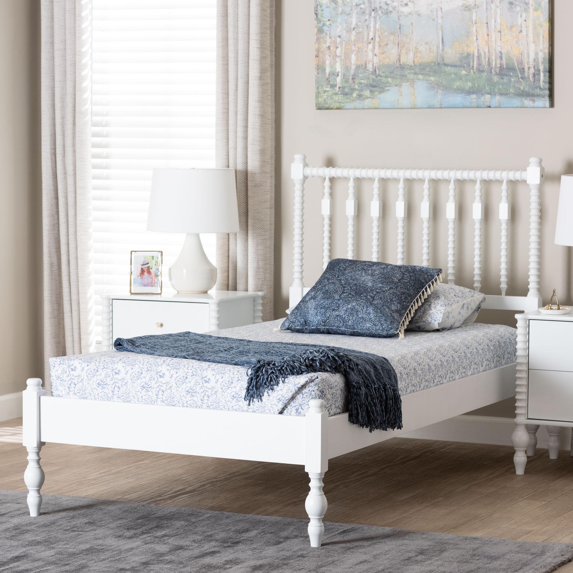Baxton Studio Callison Spindle Platform Bed - Turned Farmhouse Bed Frame with Spoked Headboard and Sculpted Legs, White, Twin