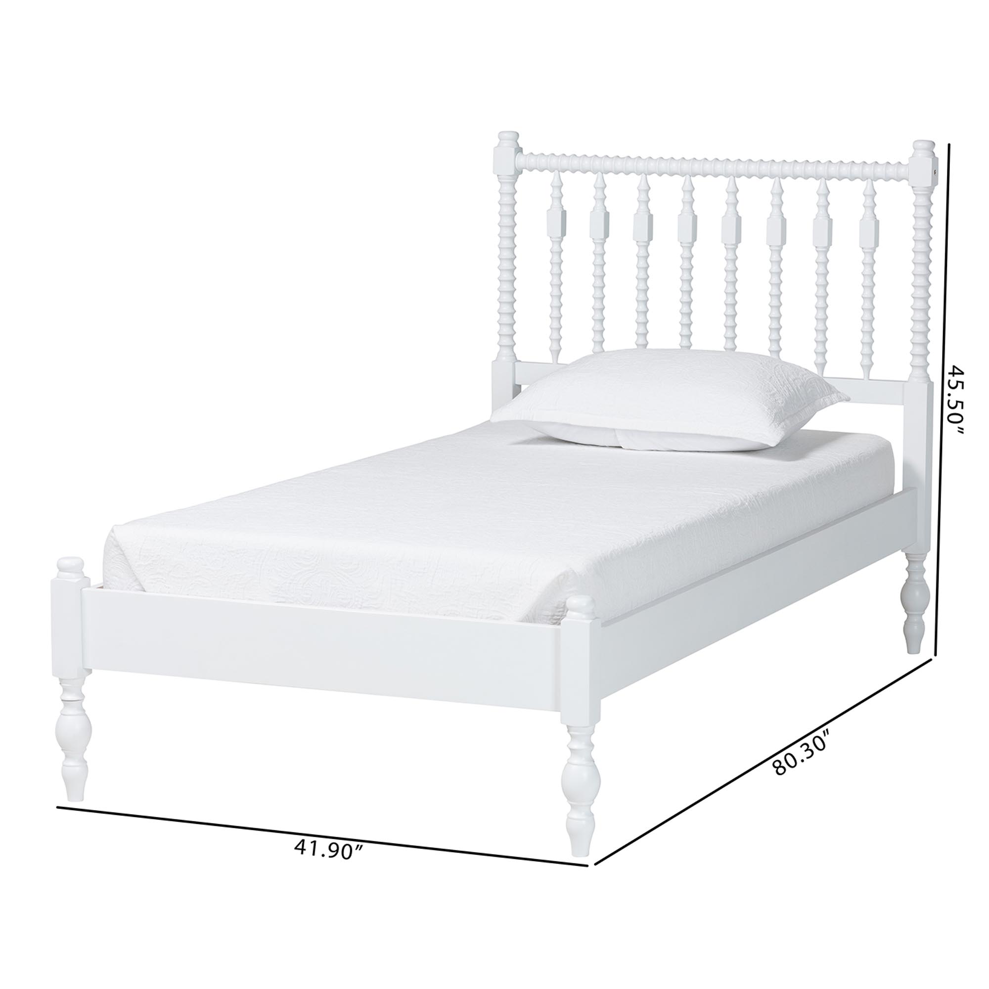 Baxton Studio Callison Spindle Platform Bed - Turned Farmhouse Bed Frame with Spoked Headboard and Sculpted Legs, White, Twin