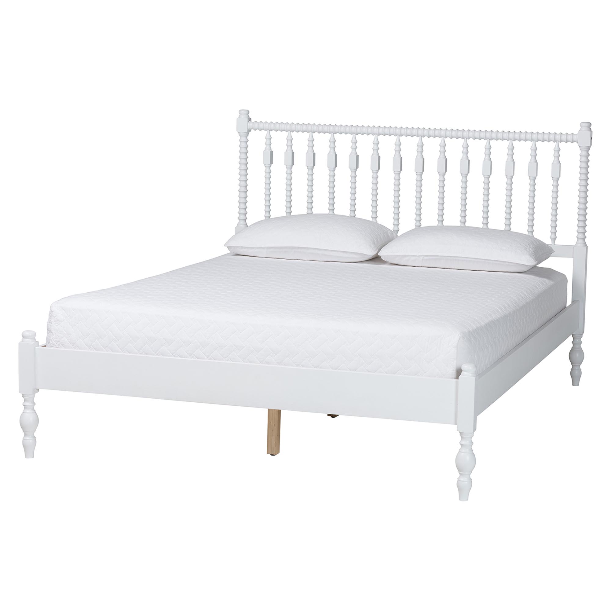 Baxton Studio Callison Spindle Platform Bed - Turned Farmhouse Bed Frame with Spoked Headboard and Sculpted Legs, White, Full