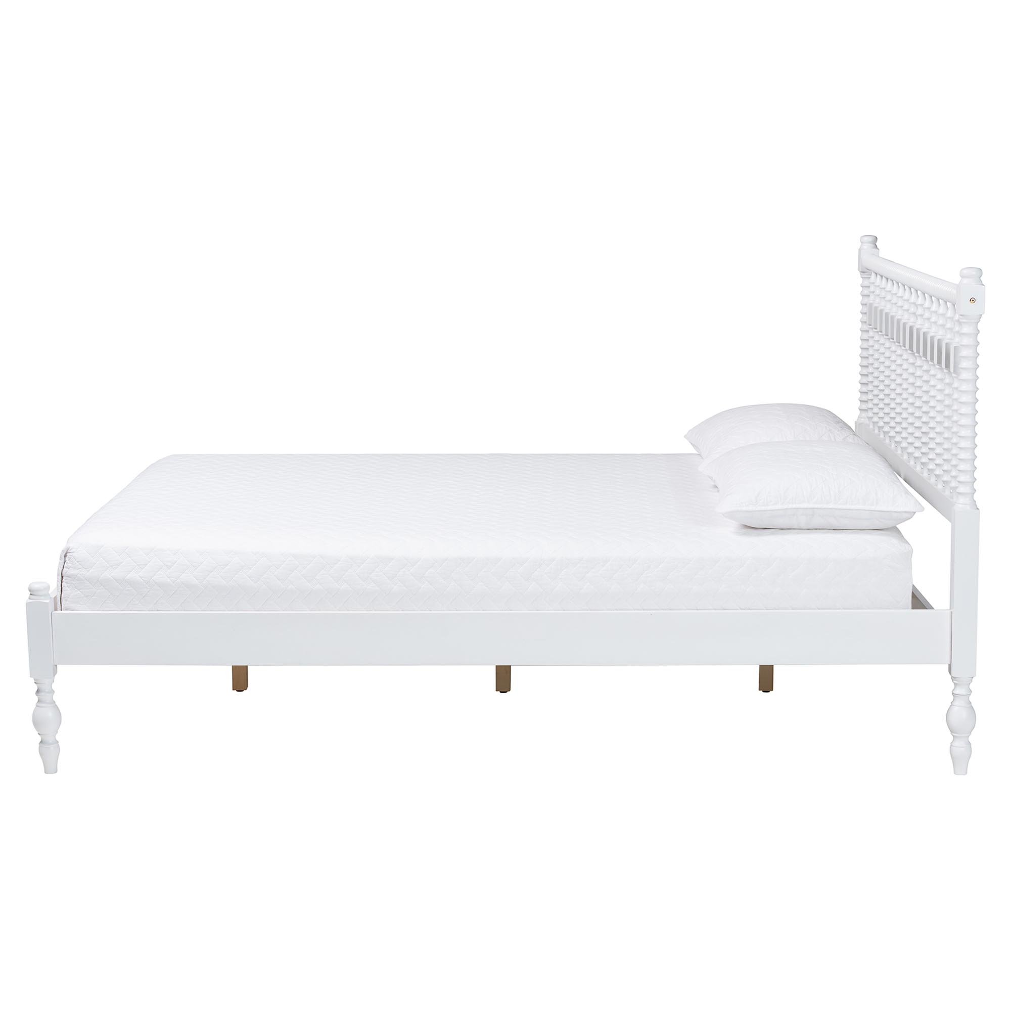 Baxton Studio Callison Spindle Platform Bed - Turned Farmhouse Bed Frame with Spoked Headboard and Sculpted Legs, White, Full