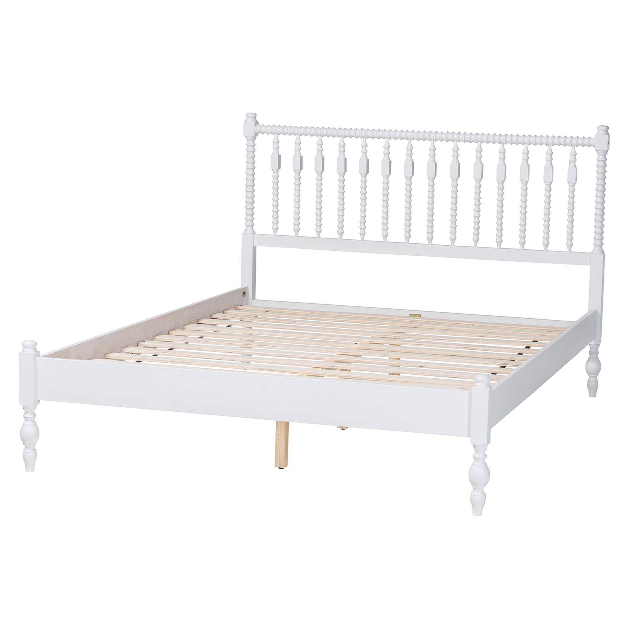 Baxton Studio Callison Spindle Platform Bed - Turned Farmhouse Bed Frame with Spoked Headboard and Sculpted Legs, White, Queen