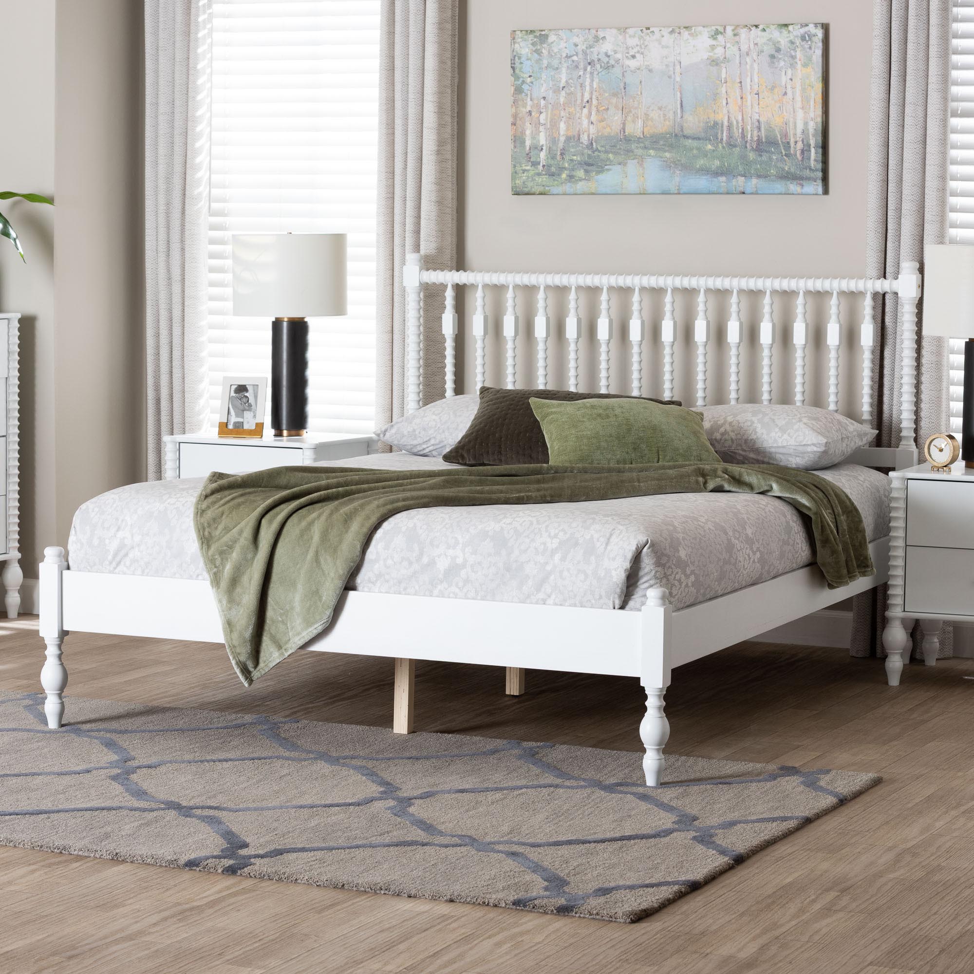 Baxton Studio Callison Spindle Platform Bed - Turned Farmhouse Bed Frame with Spoked Headboard and Sculpted Legs, White, Full
