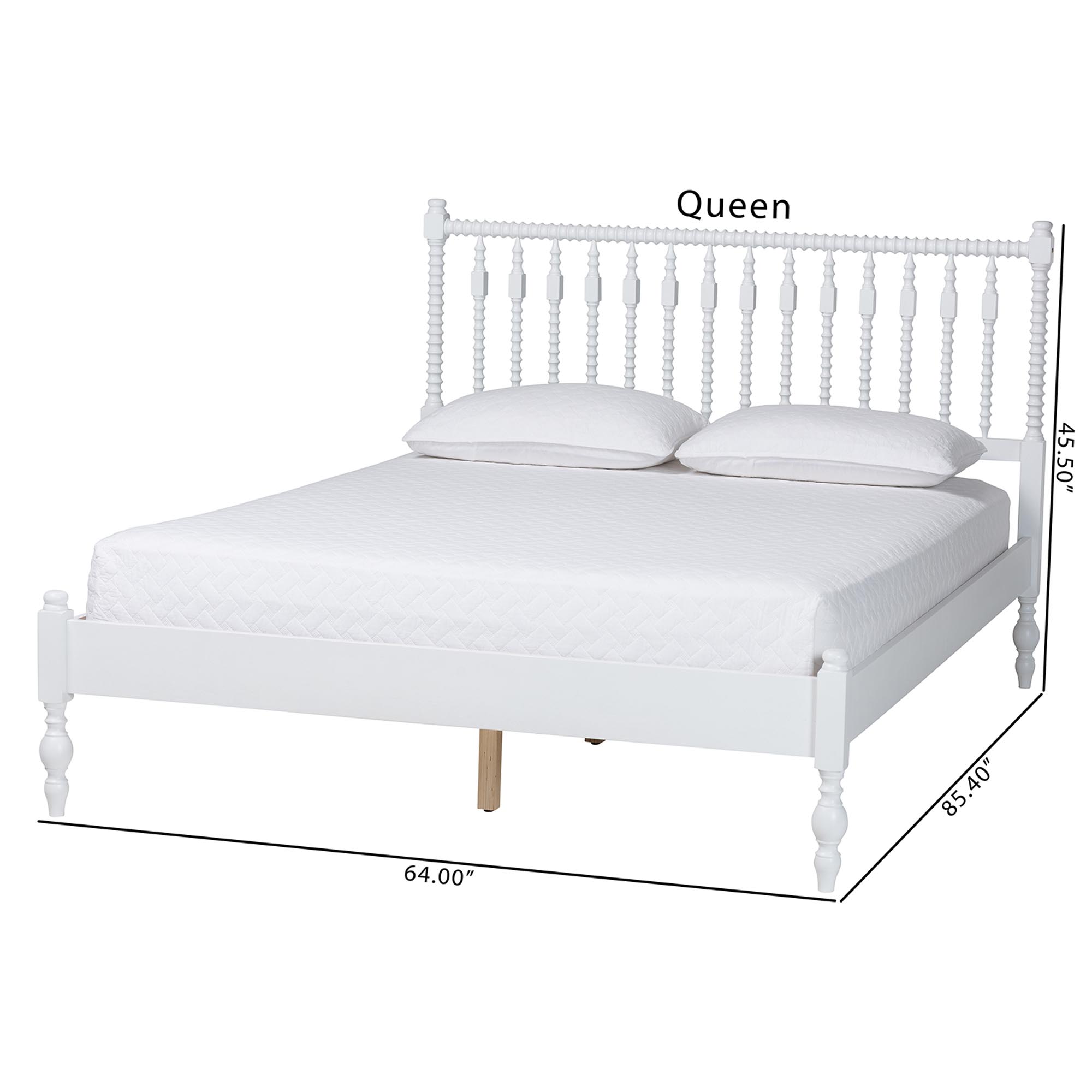 Baxton Studio Callison Spindle Platform Bed - Turned Farmhouse Bed Frame with Spoked Headboard and Sculpted Legs, White, Queen