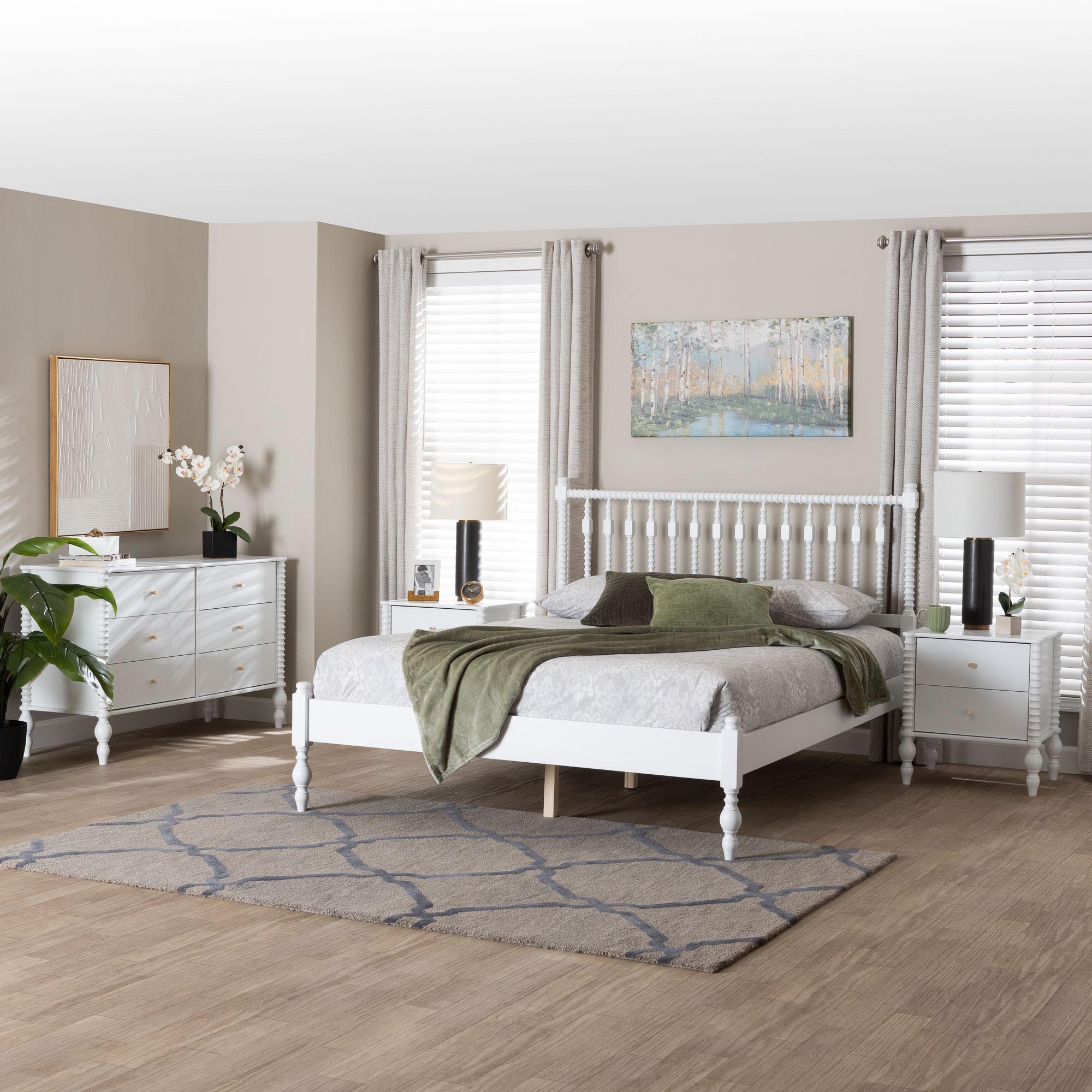 Baxton Studio Callison Spindle 4-Piece Bedroom Set - Farmhouse Platform Bed with Matching Dresser and 2-Drawer Nightstands, White, Queen