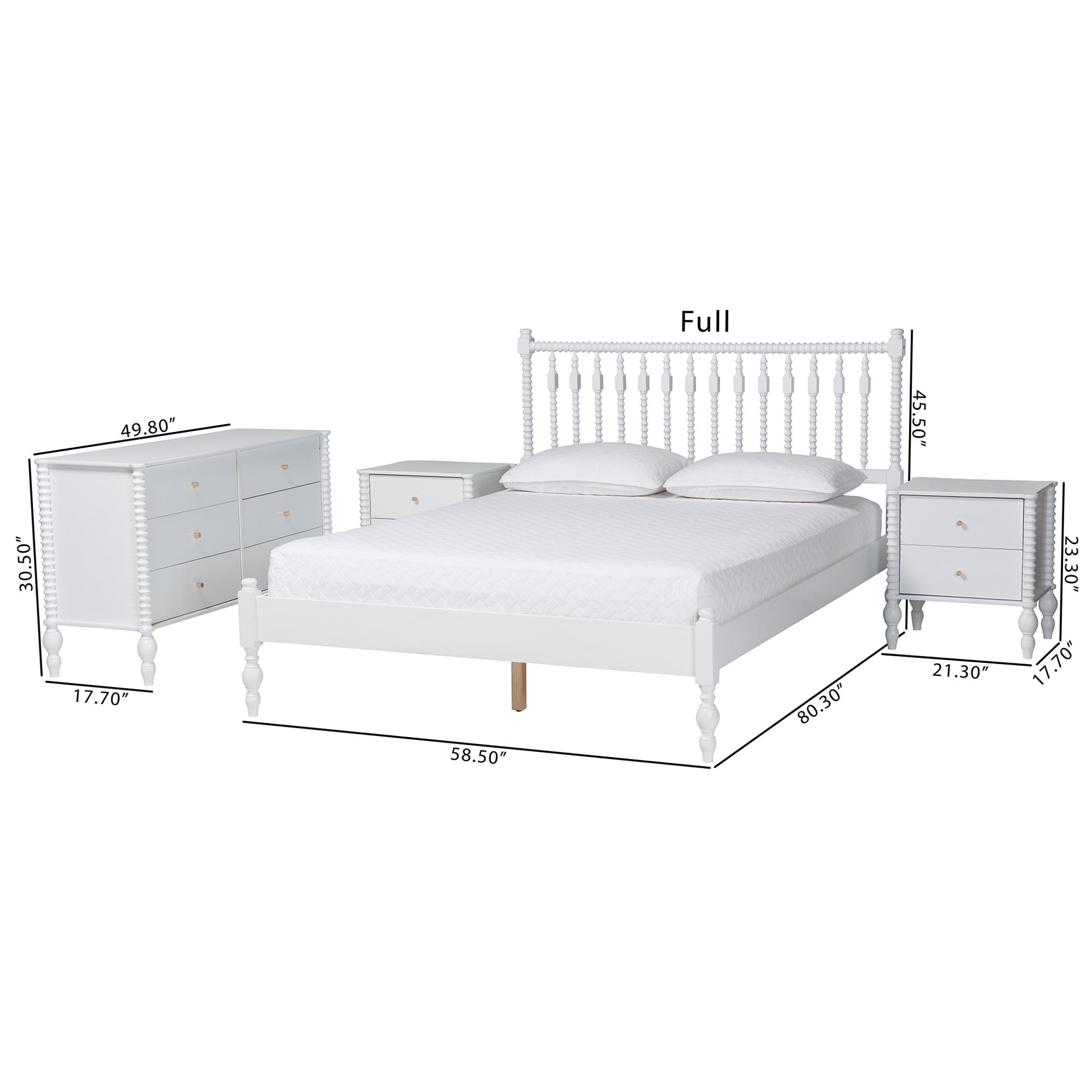 Baxton Studio Callison Spindle 4-Piece Bedroom Set - Farmhouse Platform Bed with Matching Dresser and 2-Drawer Nightstands, White, Queen
