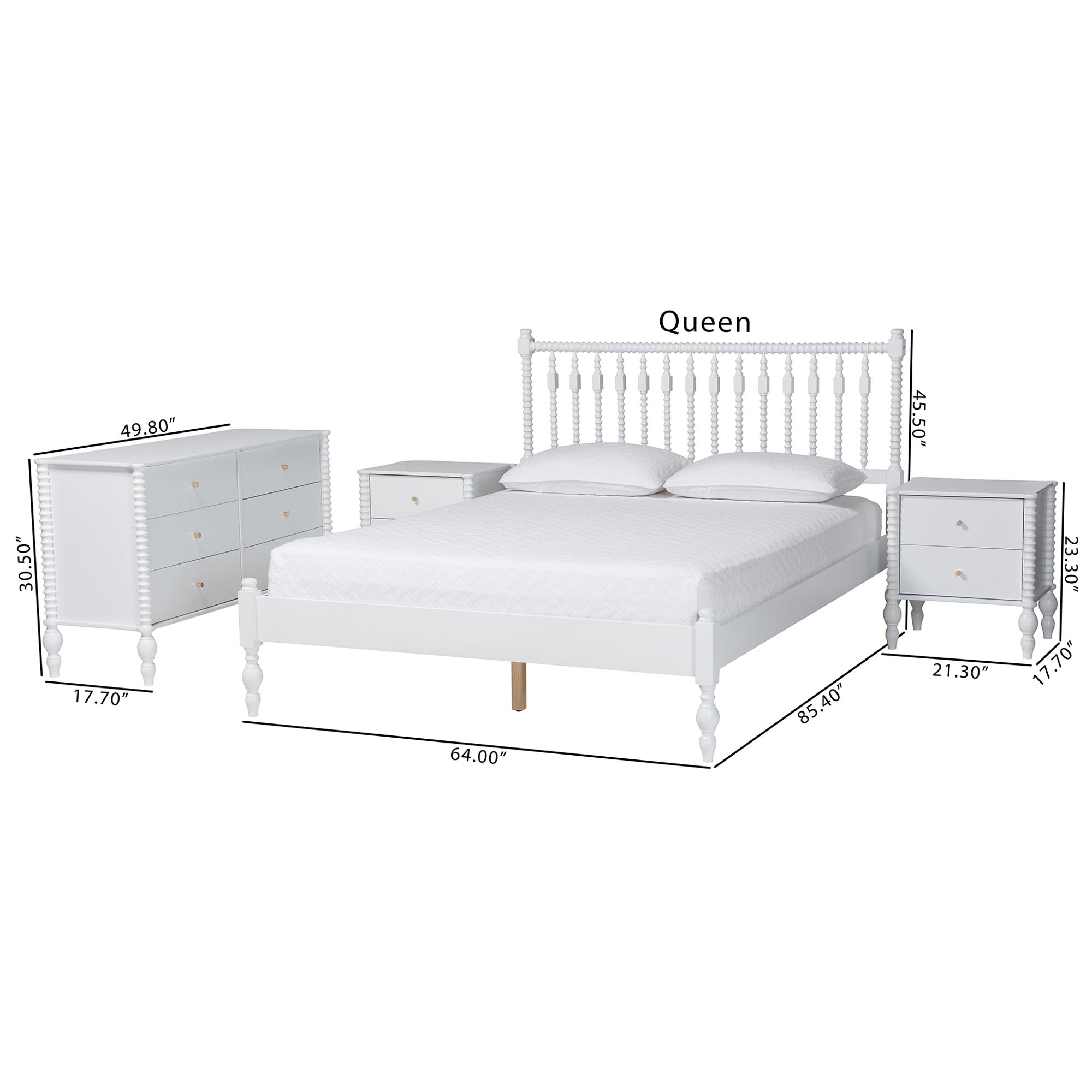 Baxton Studio Callison Spindle 4-Piece Bedroom Set - Farmhouse Platform Bed with Matching Dresser and 2-Drawer Nightstands, White, Queen