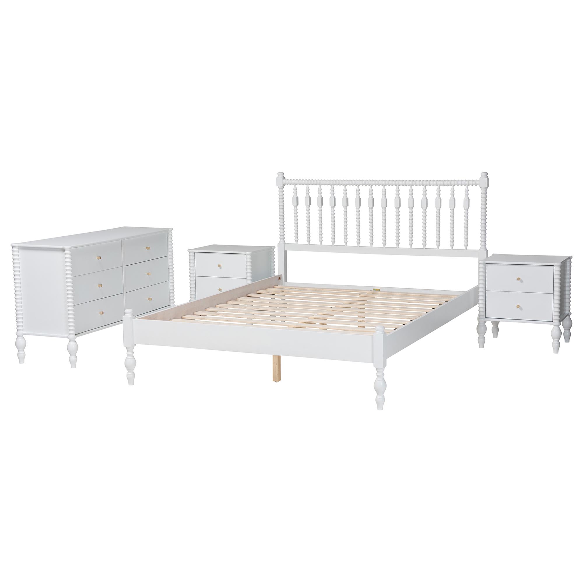 Baxton Studio Callison Spindle 4-Piece Bedroom Set - Farmhouse Platform Bed with Matching Dresser and 2-Drawer Nightstands, White, Queen