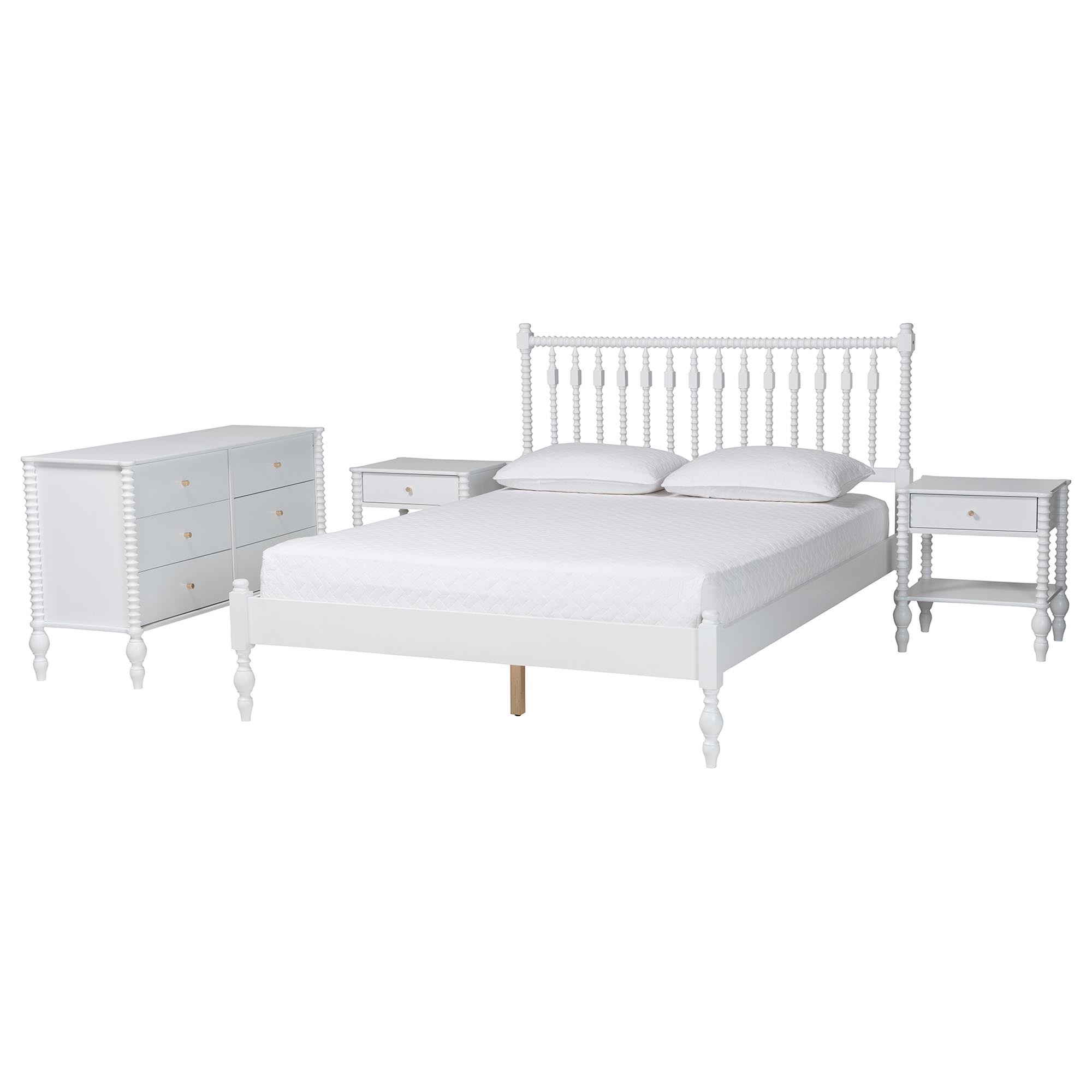 Baxton Studio Denita Spindle 4-Piece Bedroom Set - Farmhouse Platform Bed with Matching Dresser and 1-Drawer Nightstands, White, Full