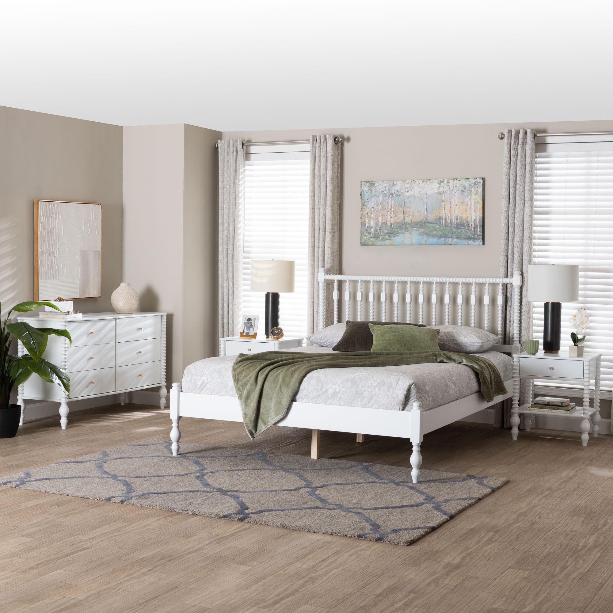 Baxton Studio Denita Spindle 4-Piece Bedroom Set - Farmhouse Platform Bed with Matching Dresser and 1-Drawer Nightstands, White, Full