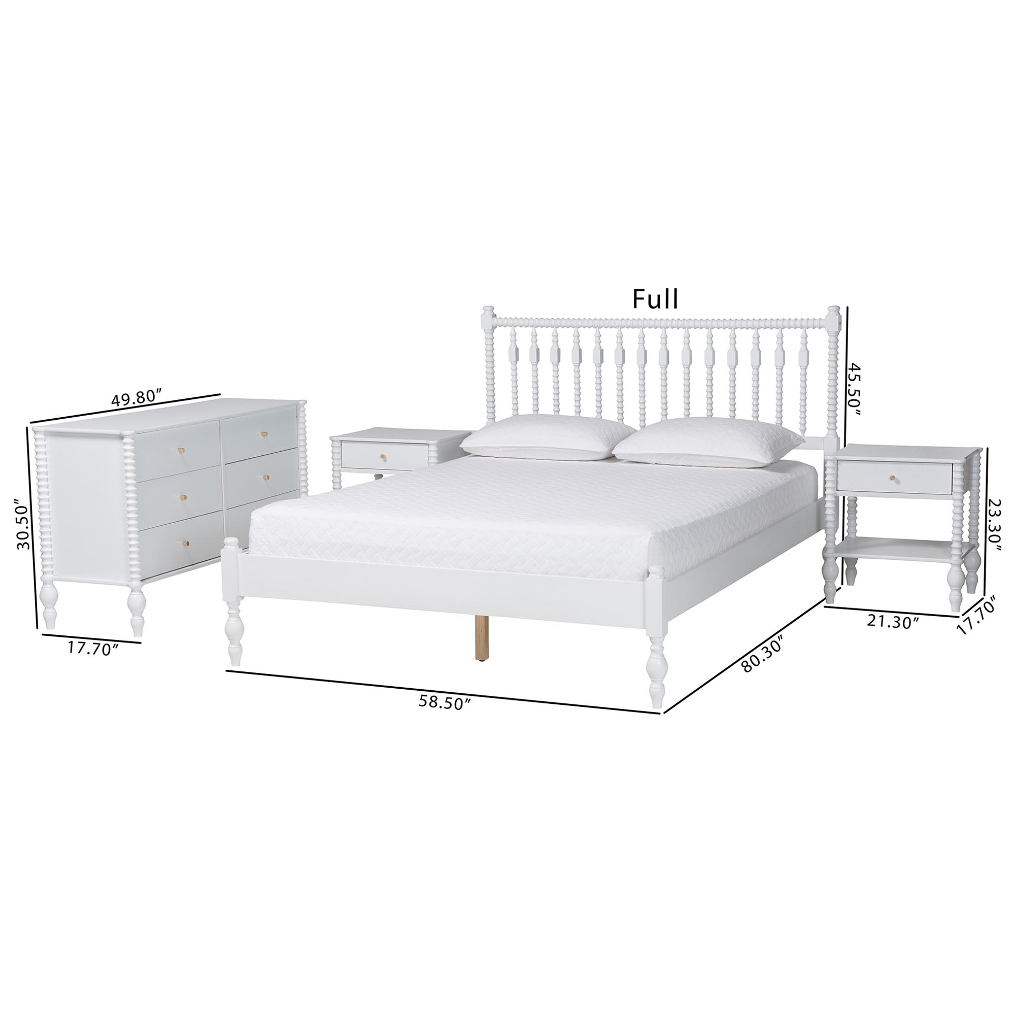 Baxton Studio Denita Spindle 4-Piece Bedroom Set - Farmhouse Platform Bed with Matching Dresser and 1-Drawer Nightstands, White, Queen