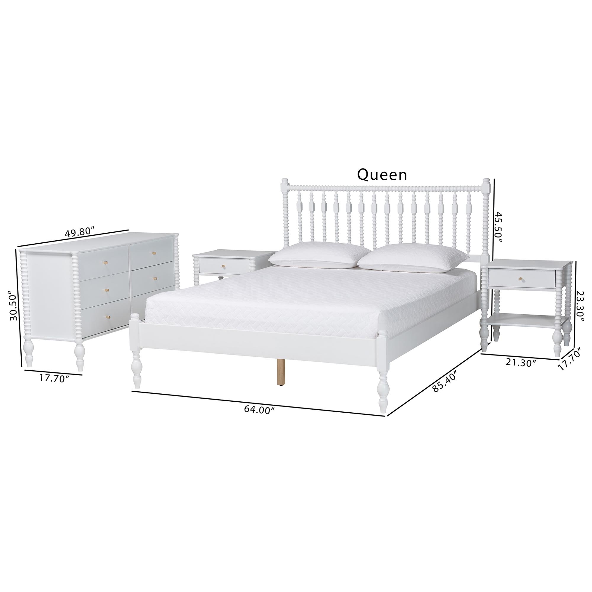 Baxton Studio Denita Spindle 4-Piece Bedroom Set - Farmhouse Platform Bed with Matching Dresser and 1-Drawer Nightstands, White, Queen