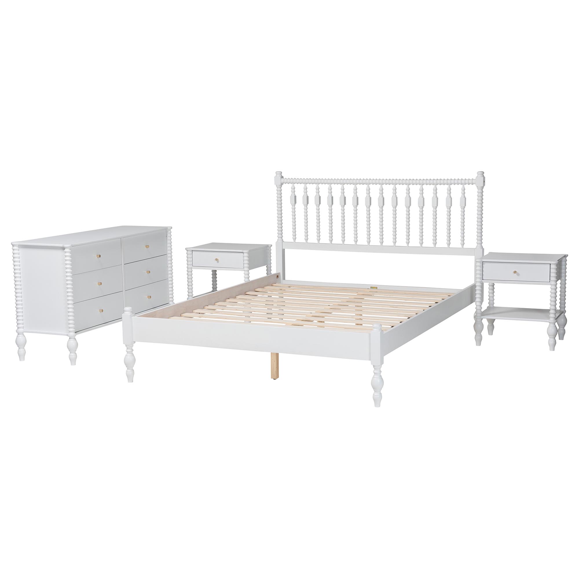 Baxton Studio Denita Spindle 4-Piece Bedroom Set - Farmhouse Platform Bed with Matching Dresser and 1-Drawer Nightstands, White, Full