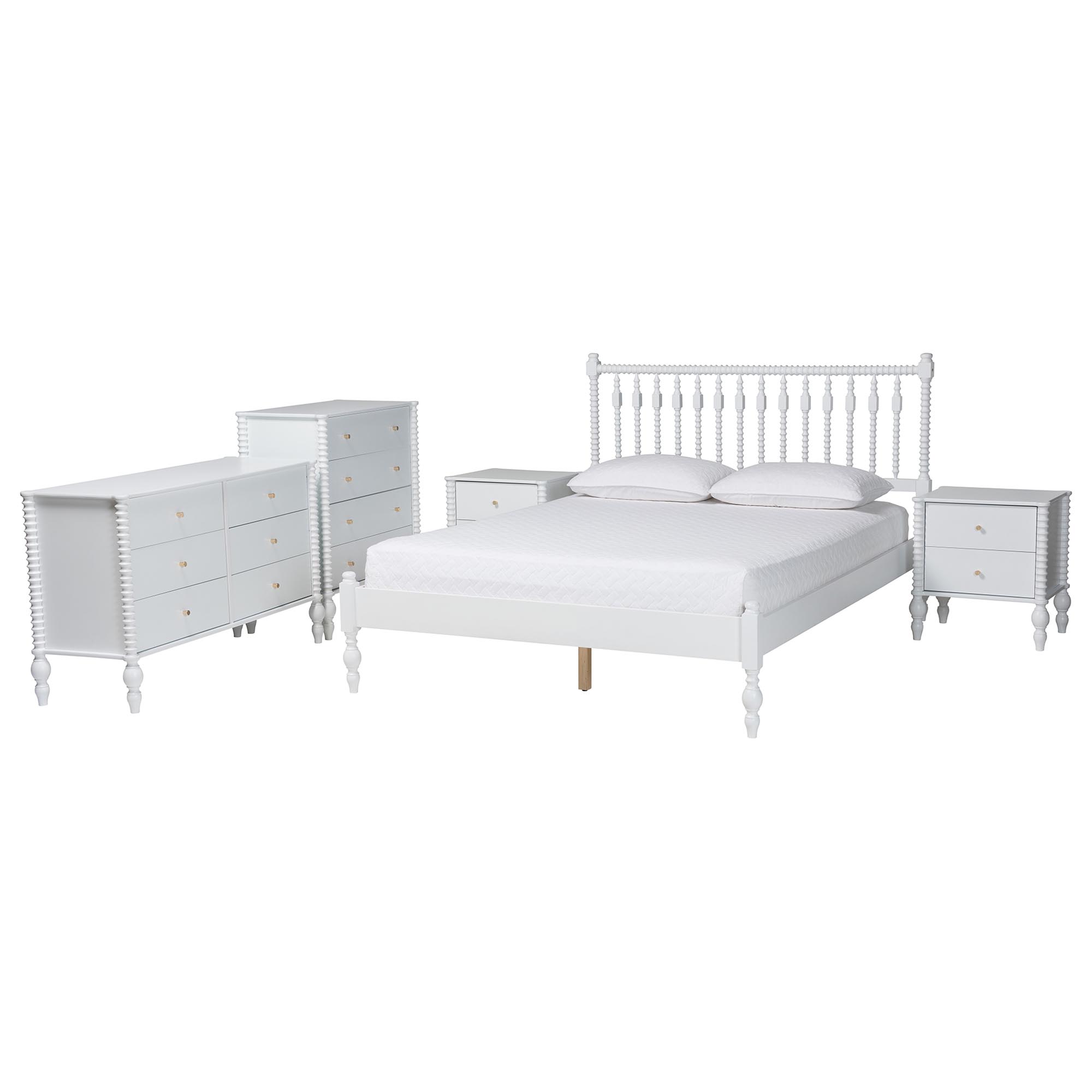 Baxton Studio Callison Spindle 5-Piece Bedroom Set - Farmhouse Platform Bed with Matching Dresser, Chest, and 2-Drawer Nightstands, White, Full