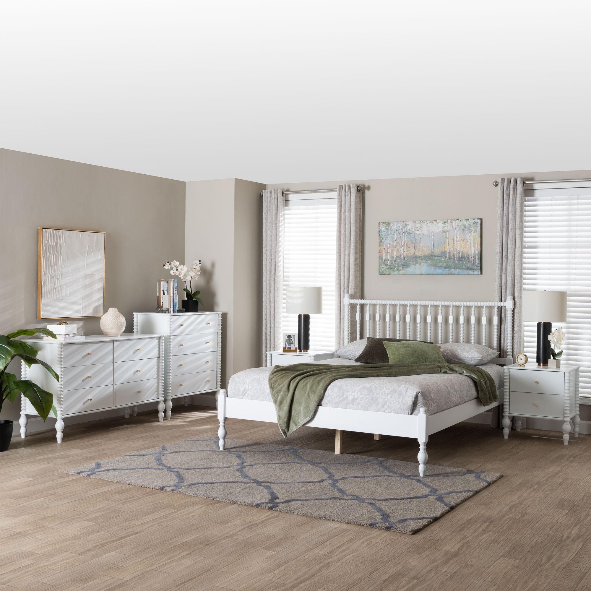 Baxton Studio Callison Spindle 5-Piece Bedroom Set - Farmhouse Platform Bed with Matching Dresser, Chest, and 2-Drawer Nightstands, White, Queen